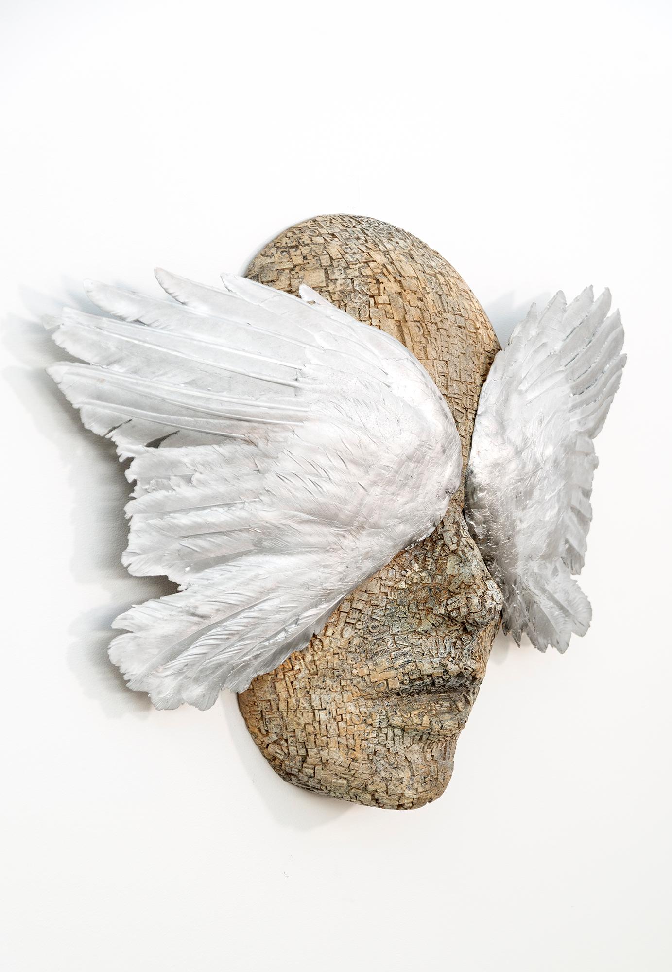 Cette sculpture murale contemporaine est un masque coulé à partir d'anciens éléments de composition, forgé en aluminium et orné des ailes d'un oiseau ou peut-être d'un ange. 
 
Les sculptures imaginatives et superbement conçues de Dale Dunning