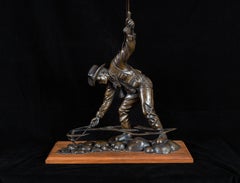 « The Native », sculpture de pêcheur de mouche en bronze avec base en bois, Western Art