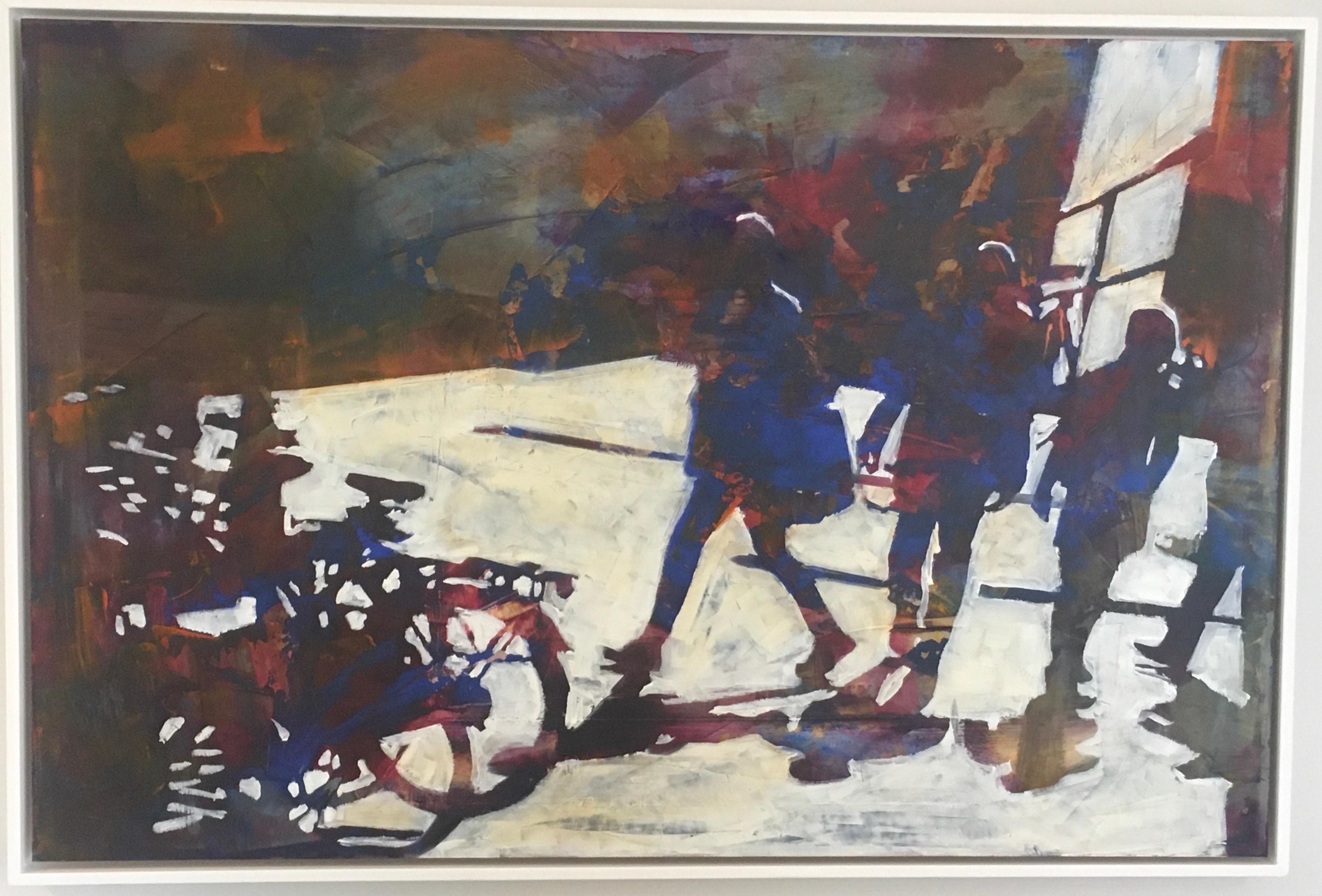 Amsterdam, Stadtbild, Figuren, Schatten, Fahrräder, Öl, Gemälde, Gebäude (Schwarz), Landscape Painting, von Dale Najarian