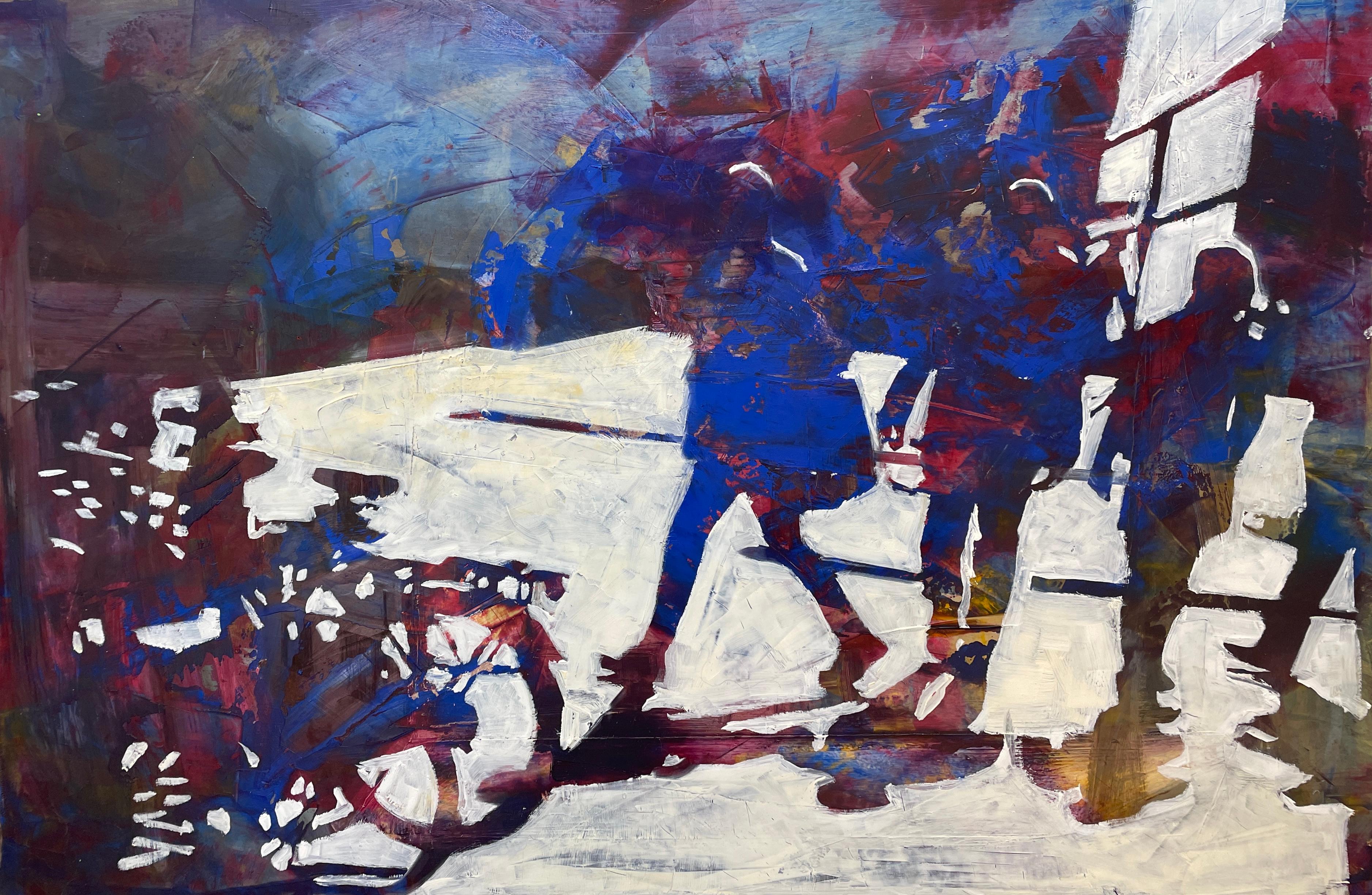 Amsterdam, paysage urbain, figures, ombres, vélos, huile, peinture, bâtiments