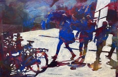 Amsterdam, Cityscape, Figures, Shadows, bikes, oil, painting, Buildings