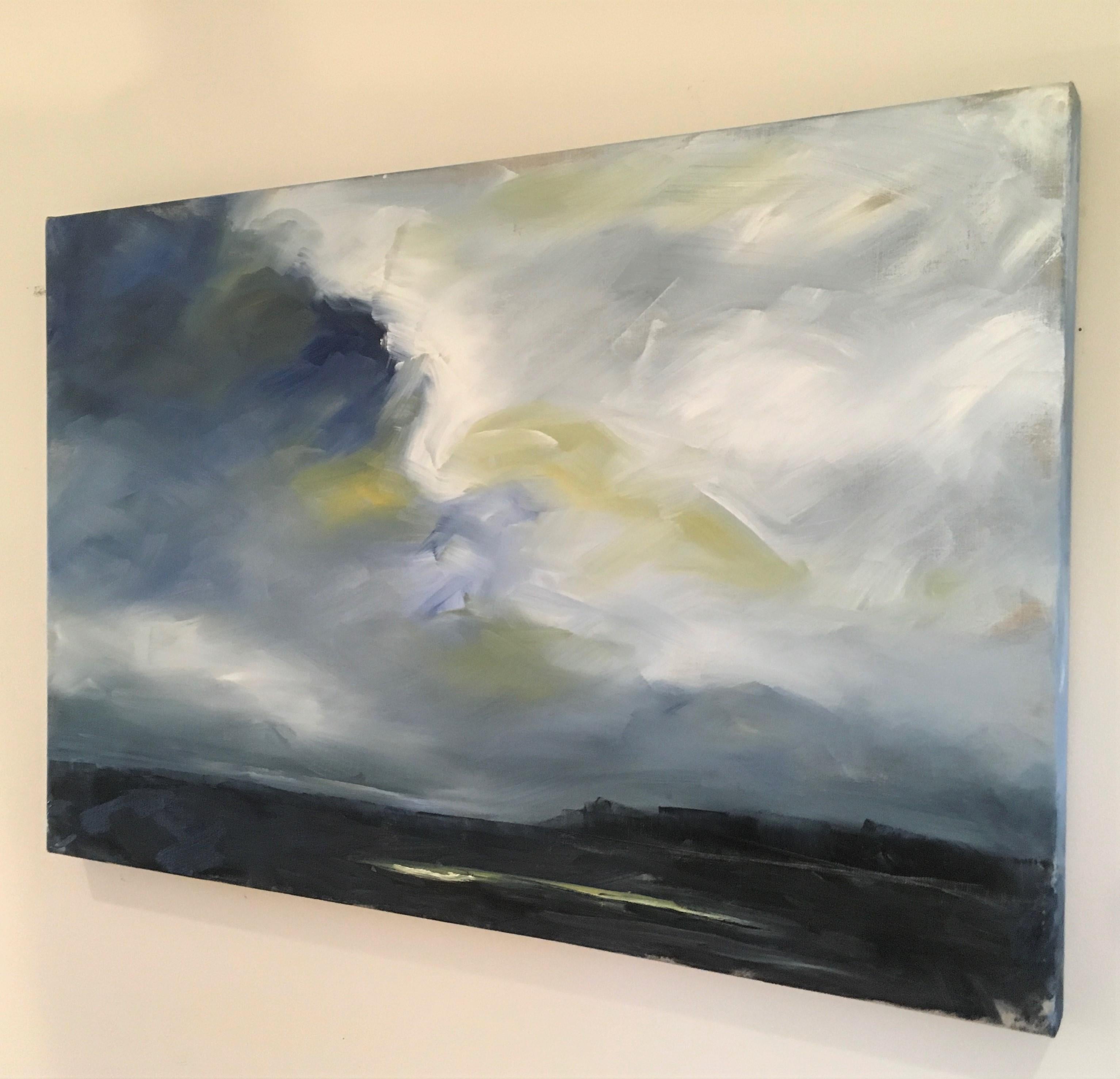 Approaching Storm, Waterscape, Abstract Landscape, Oil on Linen, Blue, Yellow - Painting by Dale Najarian