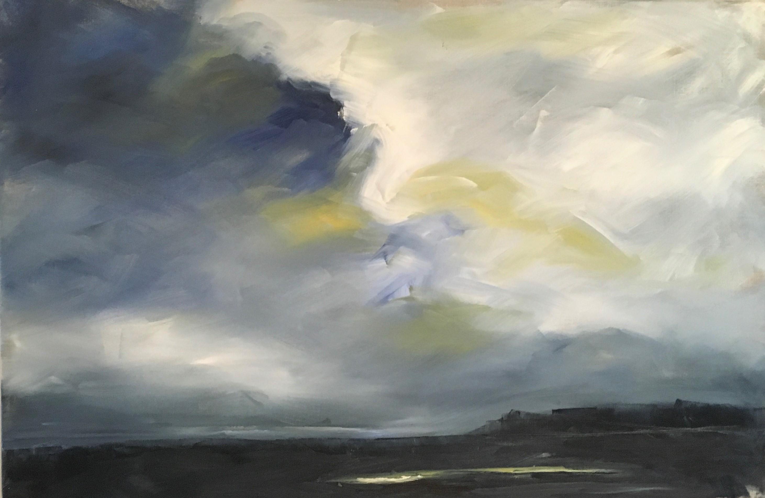 Dale Najarian Abstract Painting - Approaching Storm, Waterscape, Abstract Landscape, Oil on Linen, Blue, Yellow