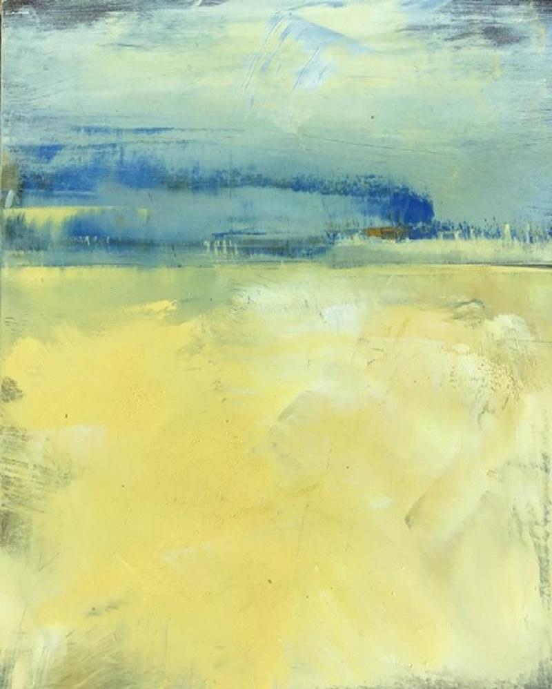 August Day, Waterscape, Oil, Yellow, Blue, Water, Sky, Small artwork, wood panel - Painting by Dale Najarian