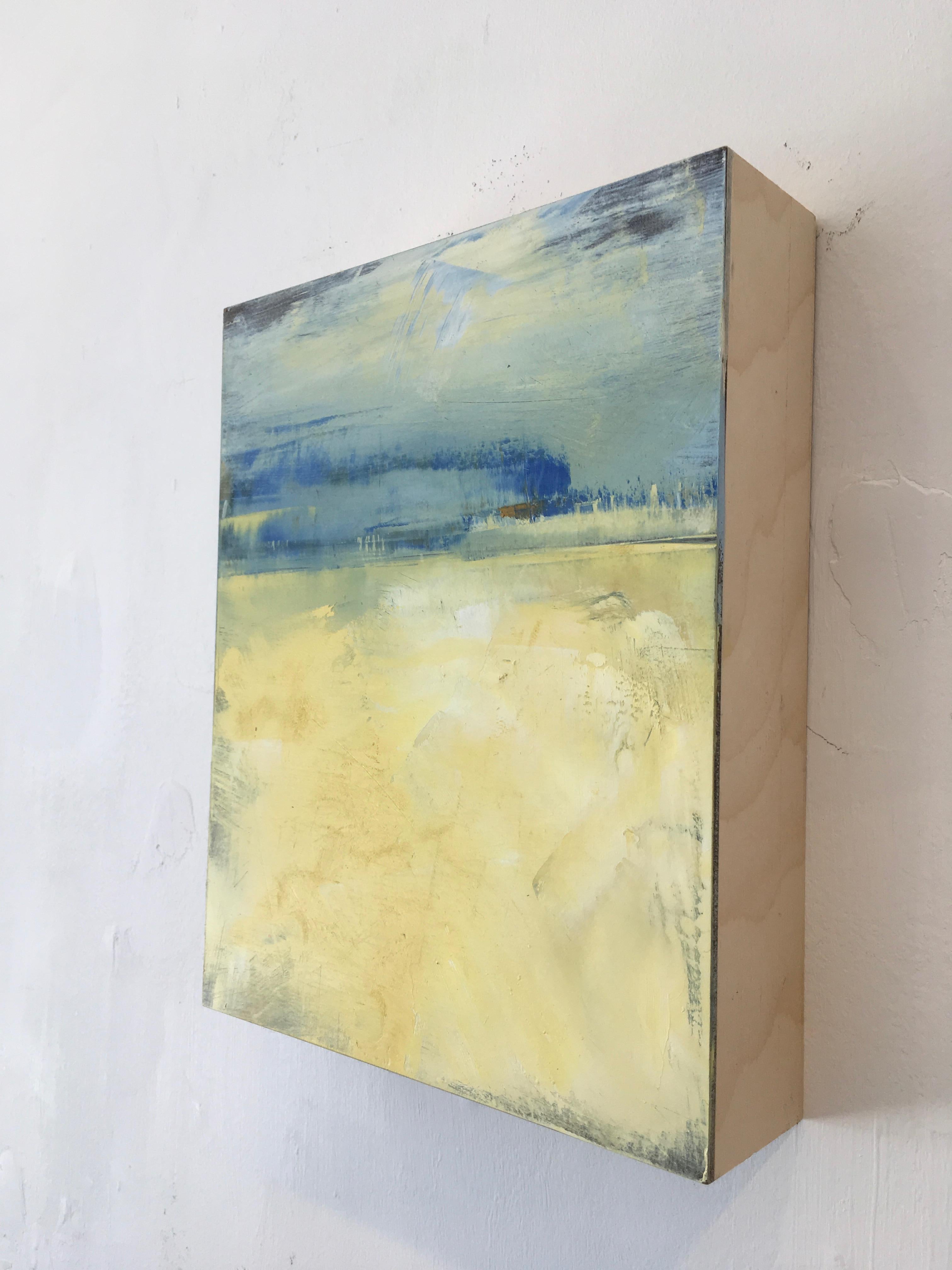 August Day, Waterscape, Oil, Yellow, Blue, Water, Sky, Small artwork, wood panel - Contemporary Painting by Dale Najarian