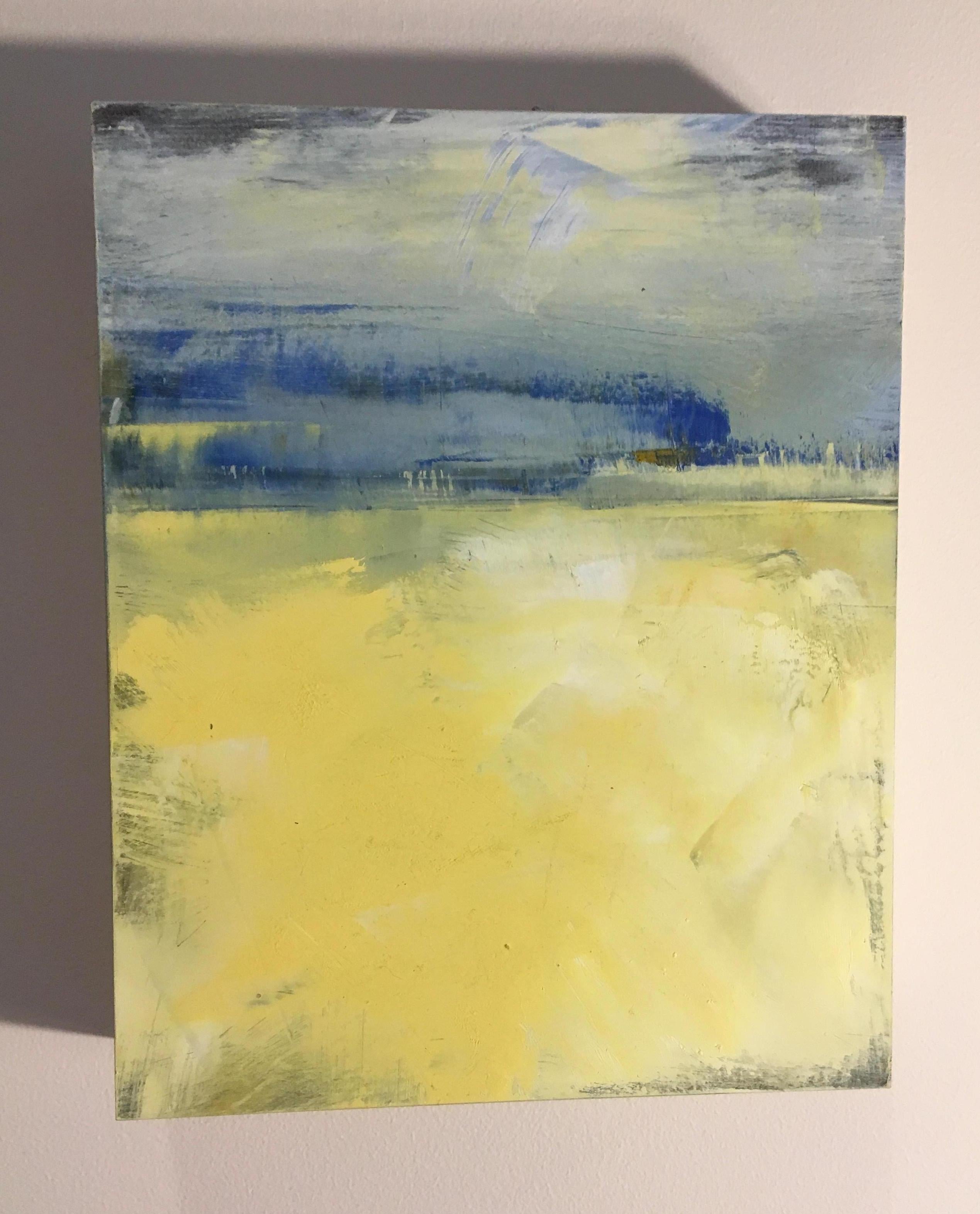 August Day, Waterscape, Oil, Yellow, Blue, Water, Sky, Small artwork, wood panel - Beige Landscape Painting by Dale Najarian