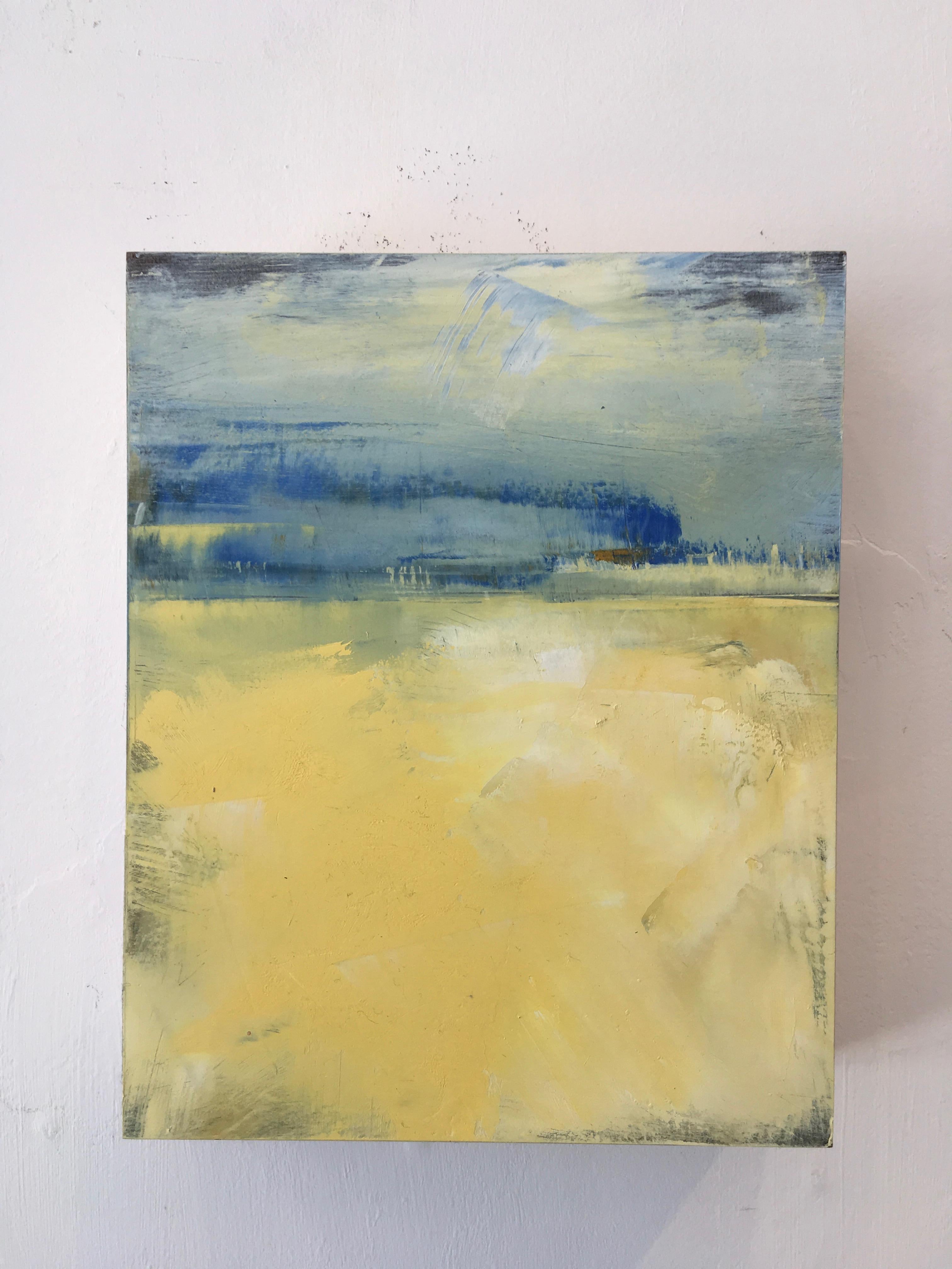 Dale Najarian Landscape Painting - August Day, Waterscape, Oil, Yellow, Blue, Water, Sky, Small artwork, wood panel