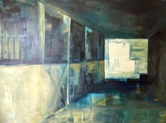 Barn at Dusk, Interior, Architectural, Oil, Blue, Green, White,  shadow