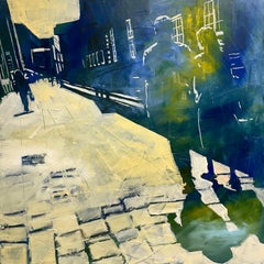 Evening Stroll, Cityscape, Figures, Shadows, yellow, white, oil, painting