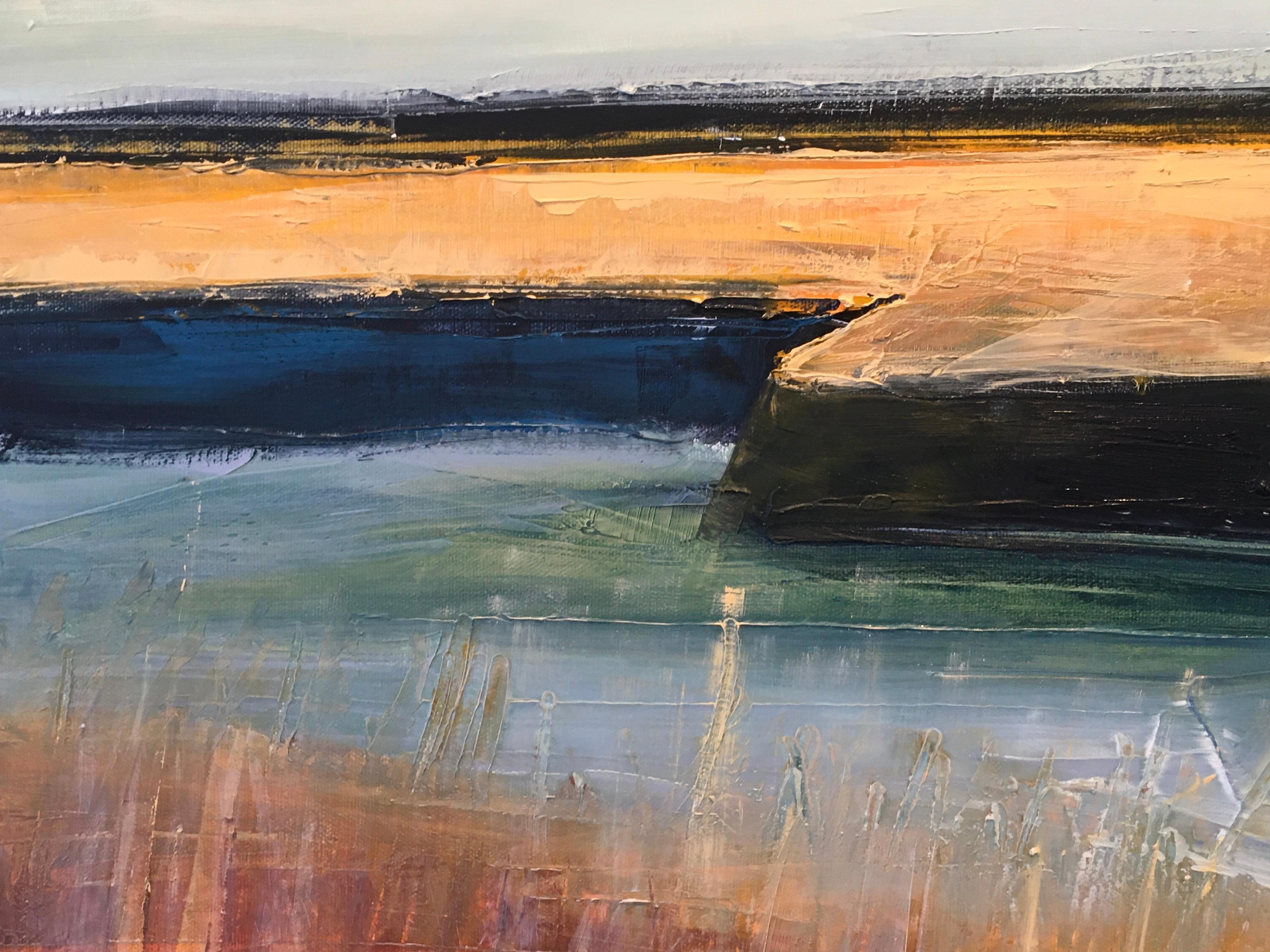 Dale Najarian, Fall Grass,  Oil on Canvas, 20 x 60.  It is a Waterscape filled with blue water and fall colors.  It has a rich texture and movement.

Dale Najarian received her BFA from Moore College of Art & Design in Philadelphia. She began