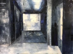 Hampton Barn, Interior, Architectural, Oil on Canvas, Blue, White, light, shadow