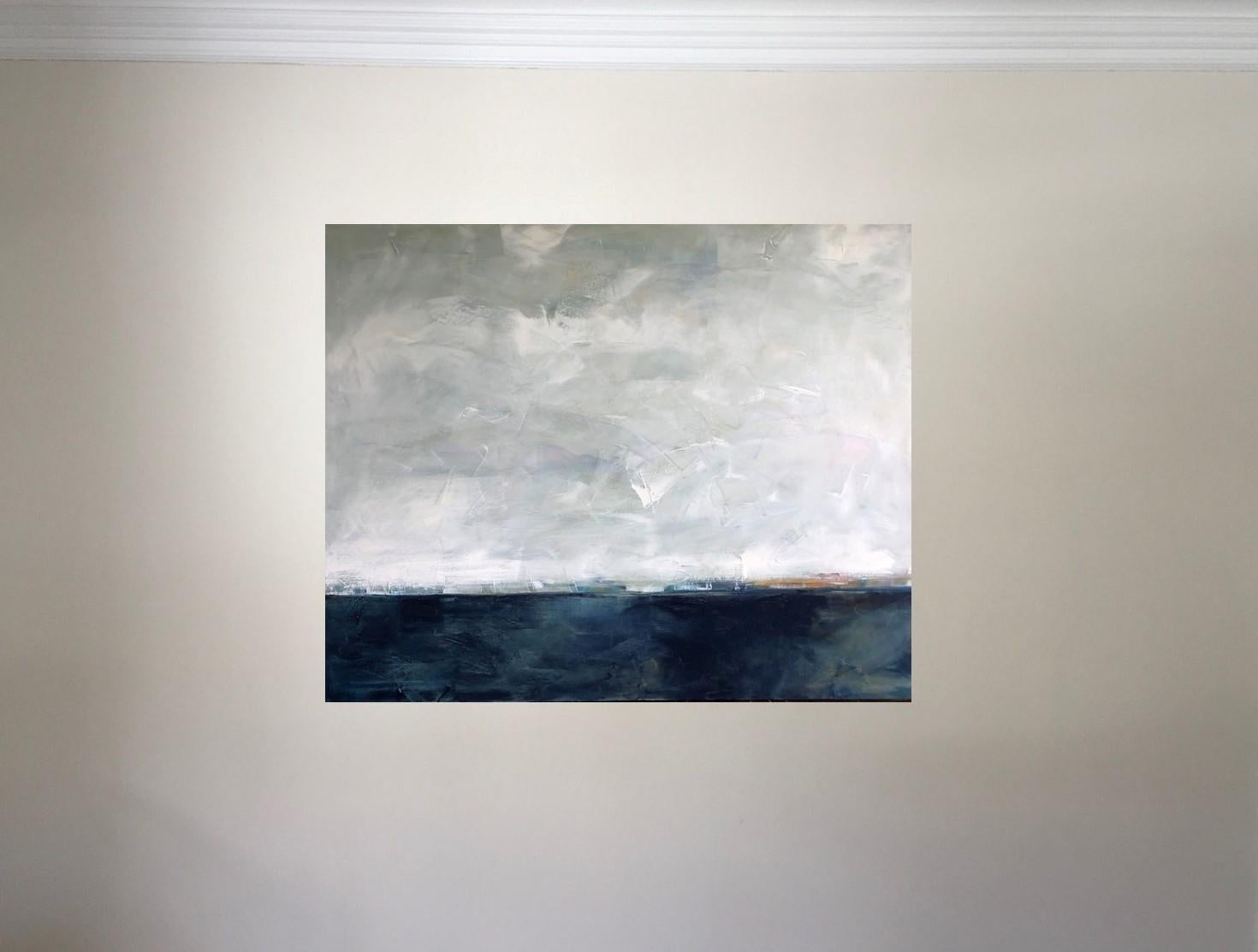 Hidden Sun, Abstracted Landscape, Oil on Linen, Blue, White, Gray, Seascape, Sea 1