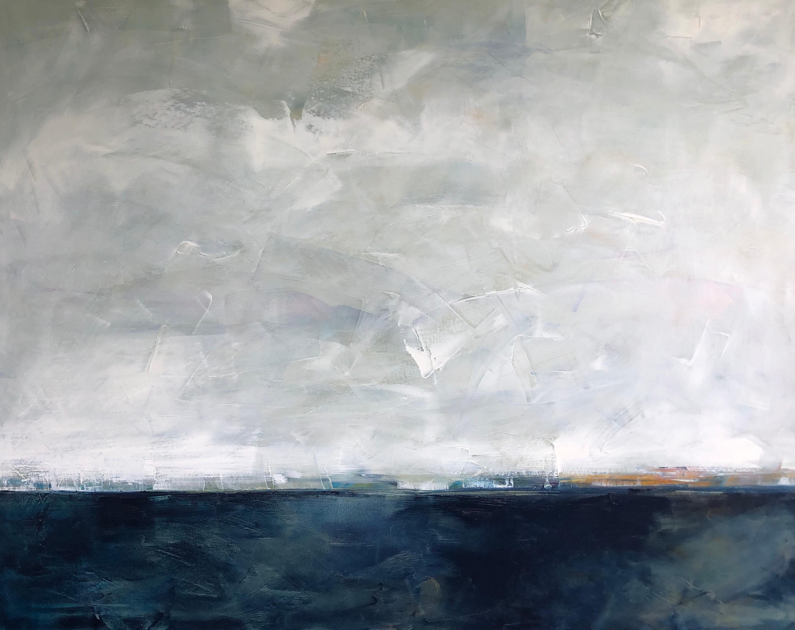 Dale Najarian Landscape Painting - Hidden Sun, Abstracted Landscape, Oil on Linen, Blue, White, Gray, Seascape, Sea