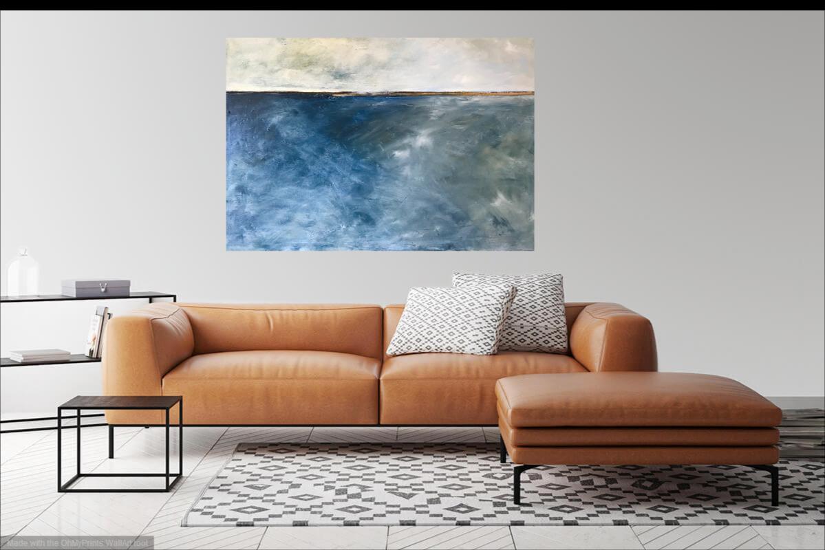 In Too Deep, Abstracted Landscape, Oil on Linen, Blue, White, Gray, Seascape - Painting by Dale Najarian