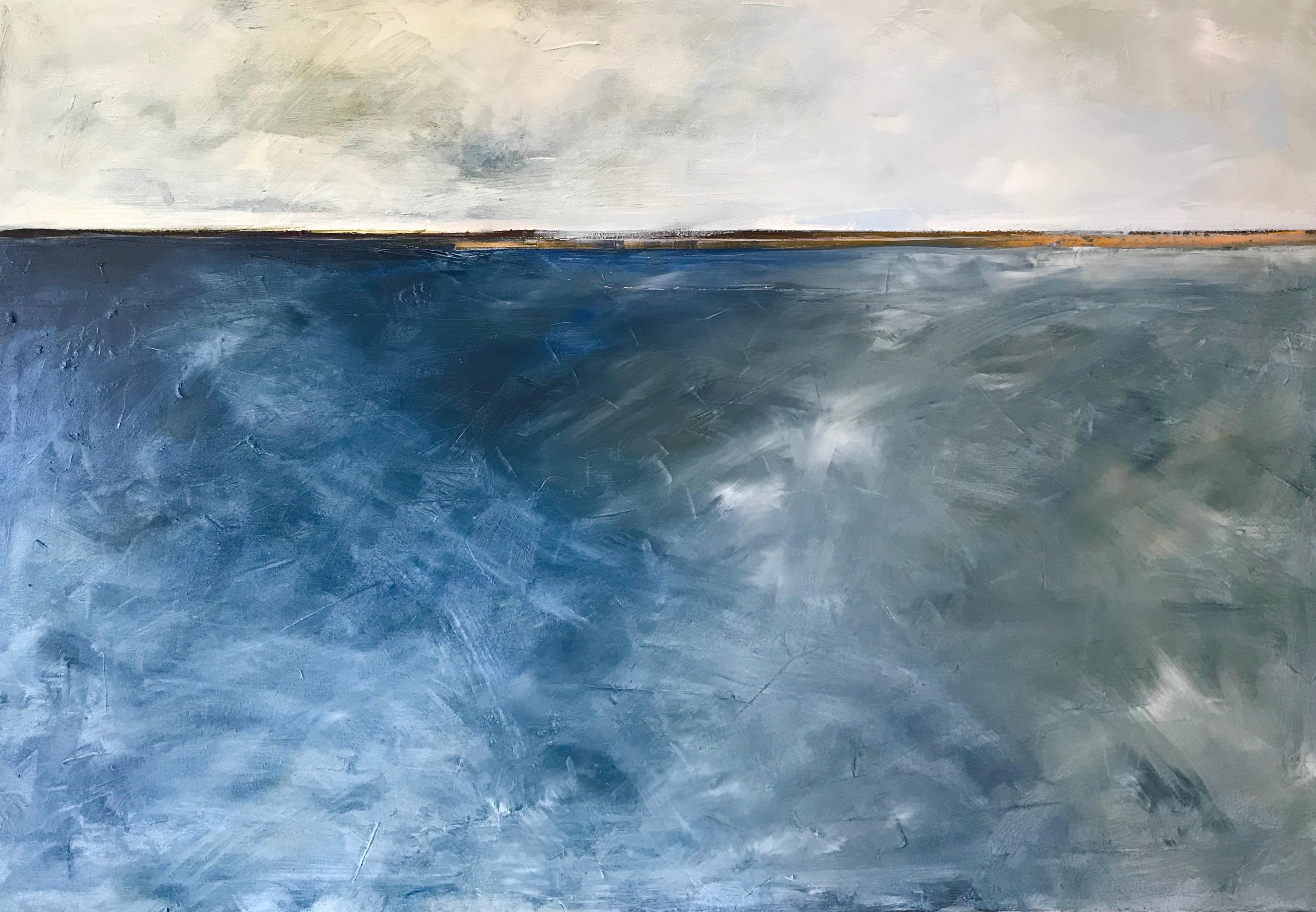 Dale Najarian Abstract Painting - In Too Deep, Abstracted Landscape, Oil on Linen, Blue, White, Gray, Seascape