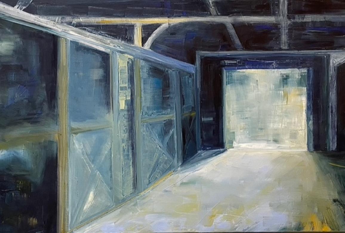 Dale Najarian Abstract Painting - Sleeping Horses, Barn, Interior, Architectural, Oil, Blue, White,  shadow