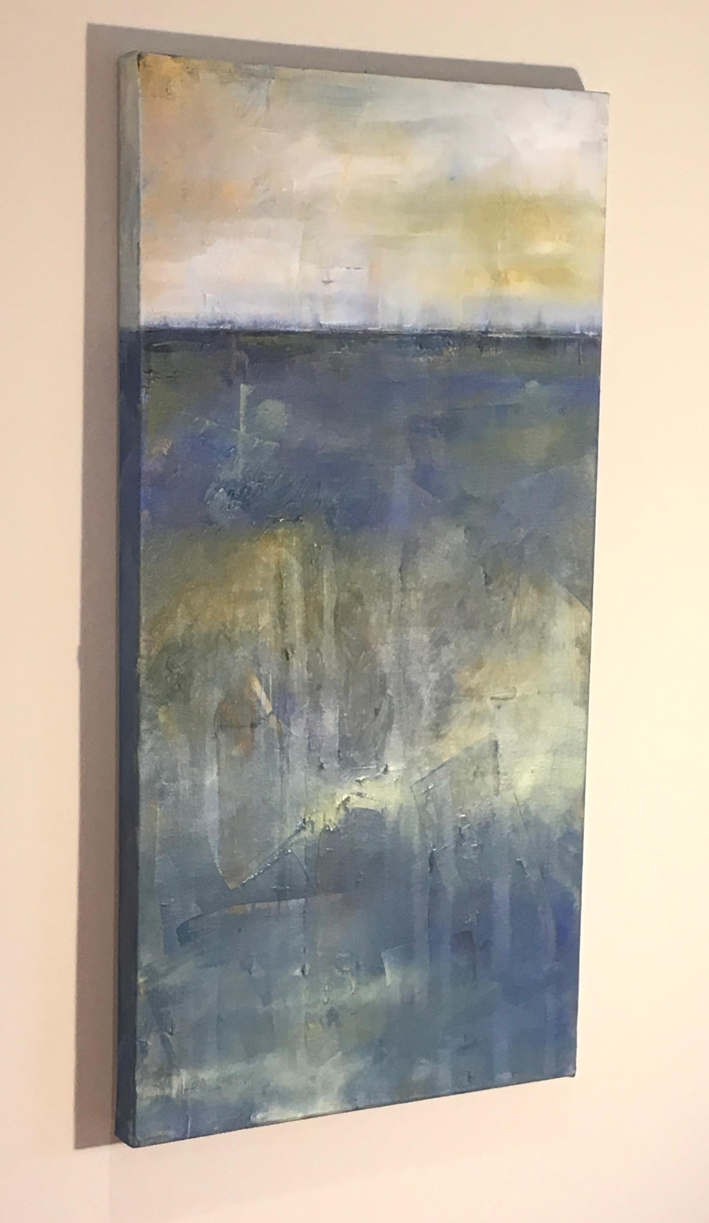 Under Deep, Abstracted Vertical Landscape, Oil on Canvas, yellow, blue - Painting by Dale Najarian