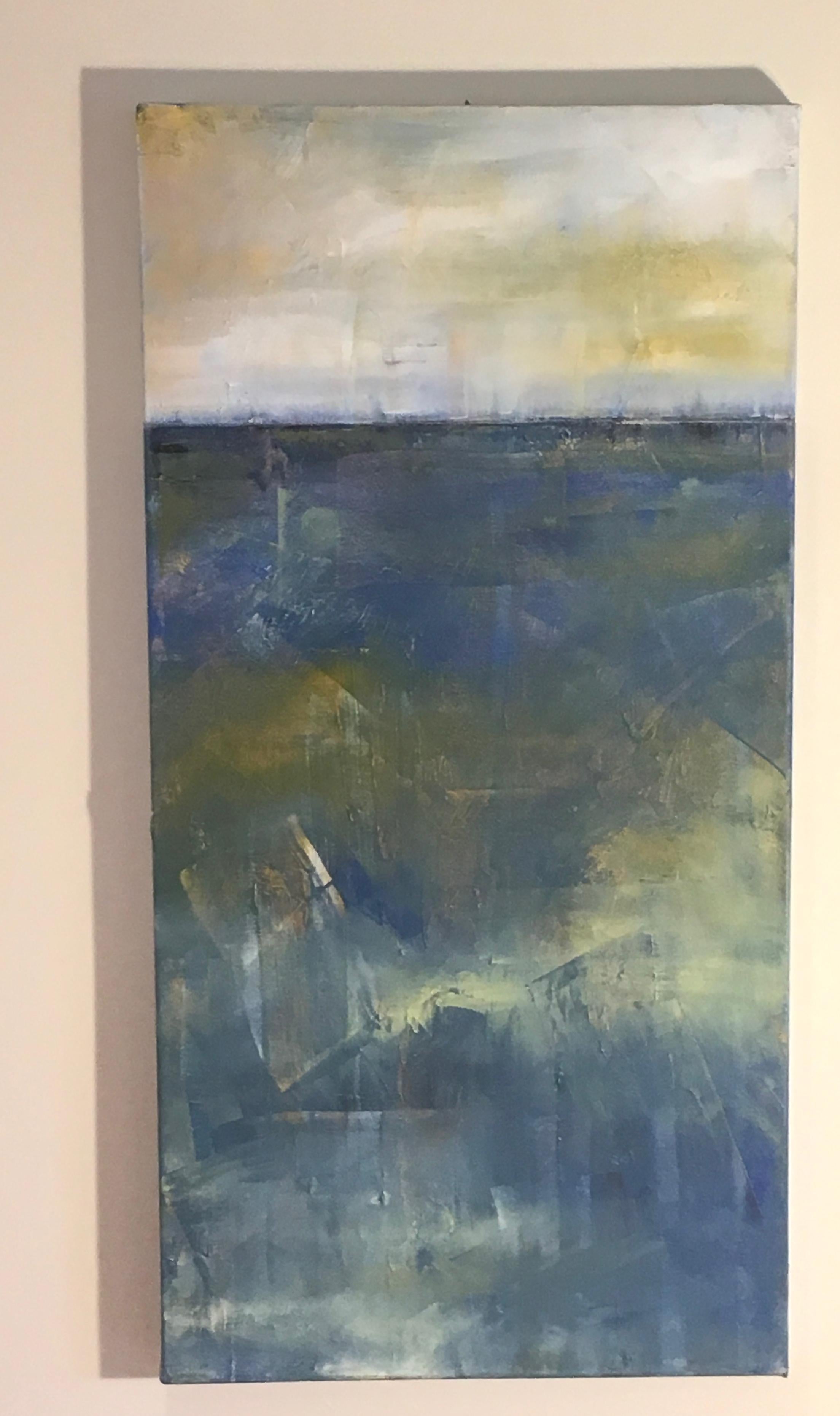 Dale Najarian Landscape Painting - Under Deep, Abstracted Vertical Landscape, Oil on Canvas, yellow, blue