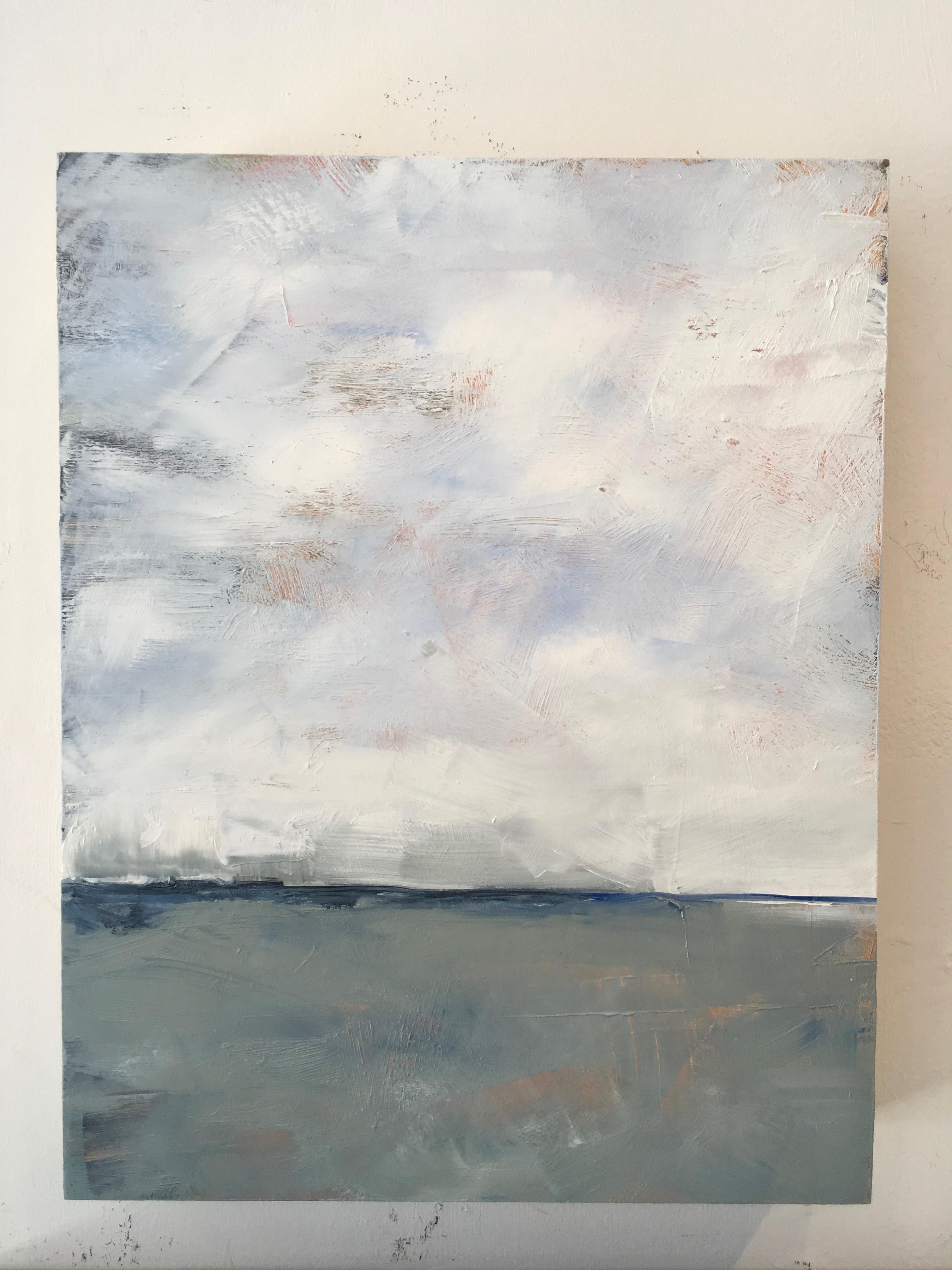 Winter Sky, Small Landscape, Oil, Wood Panel, Blue, Gray, Green, Water - Painting by Dale Najarian