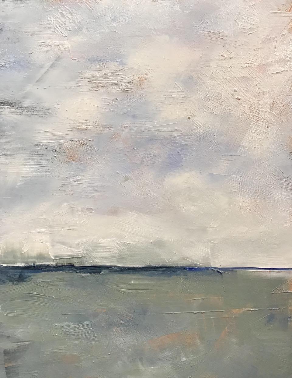 Dale Najarian Landscape Painting - Winter Sky, Small Landscape, Oil, Wood Panel, Blue, Gray, Green, Water