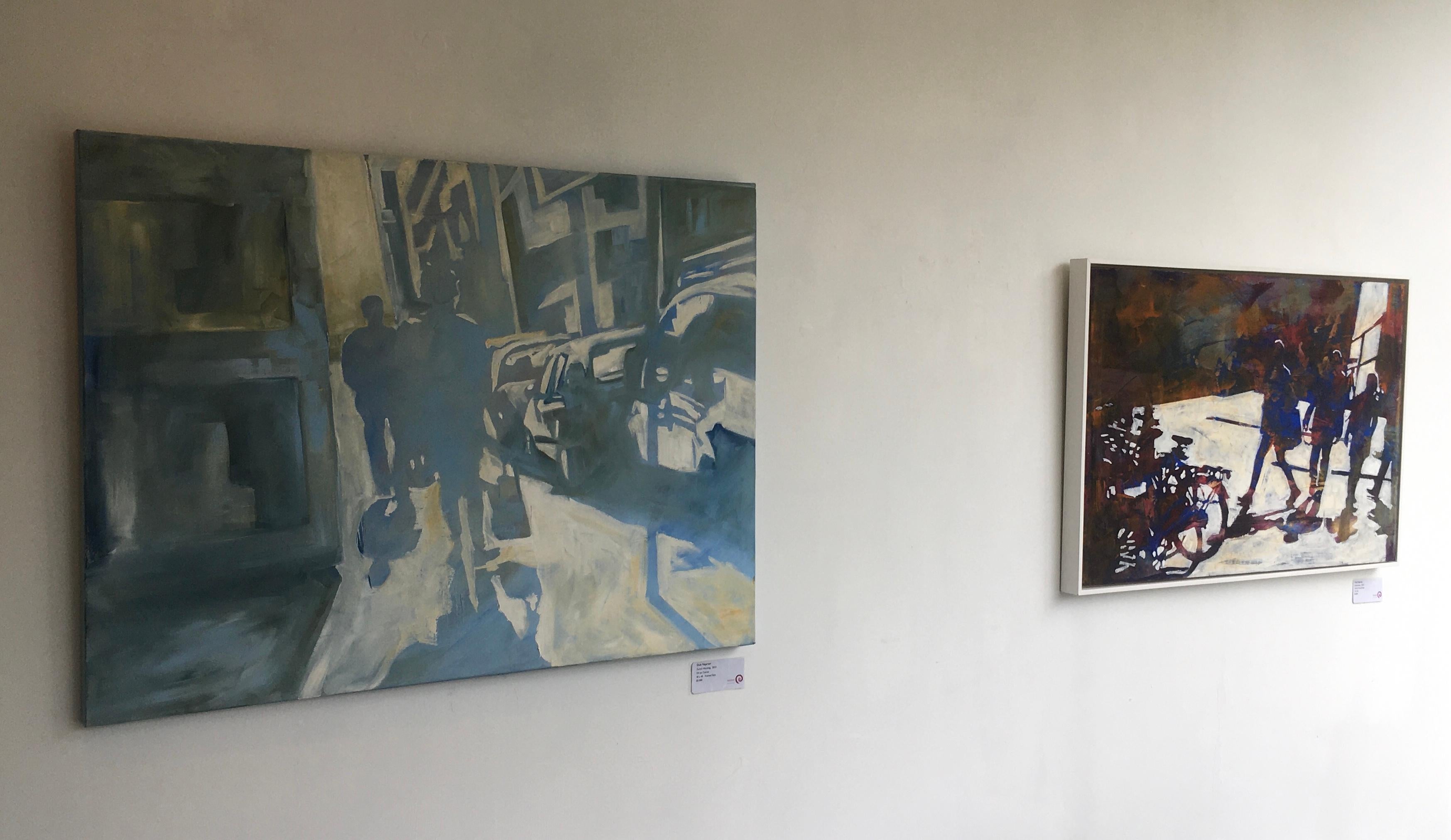 Zurich matin, paysage urbain, figures, ombres, huile, peinture, bâtiments - Contemporain Painting par Dale Najarian