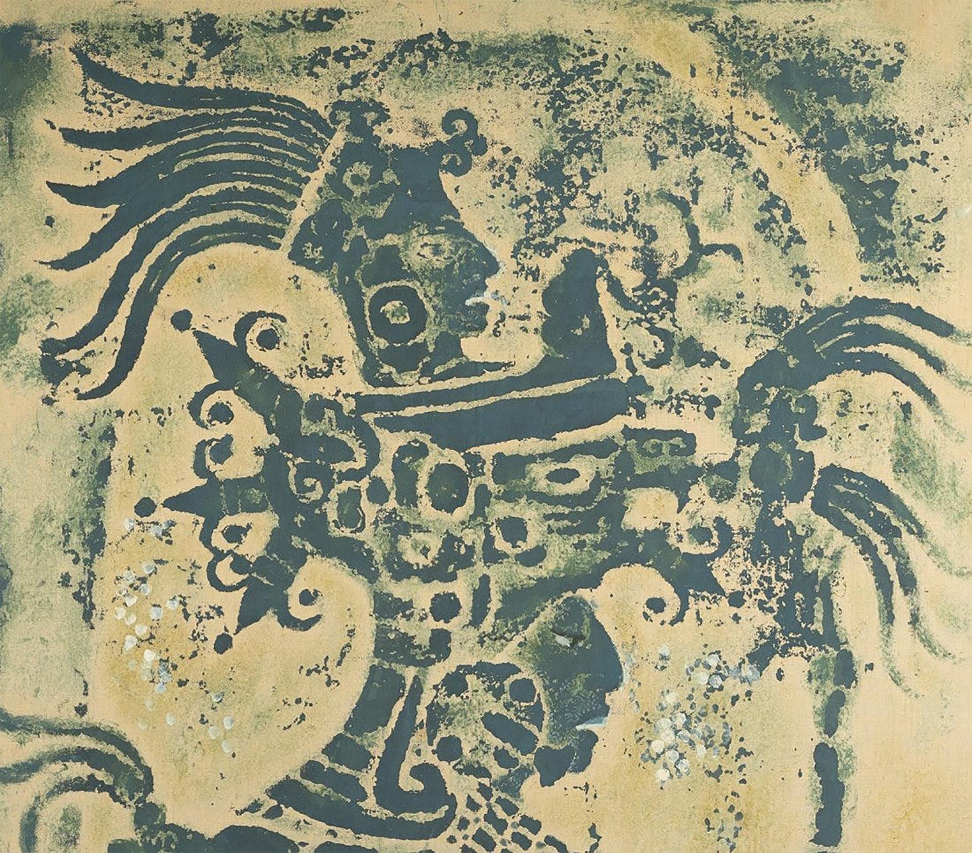 Up for sale here is a great Dale Nichols modernist painting.  Very rare and wonederful!  Oil and ink on fabric.  Image size, 34H x 54L.   Signed lower right: DALE NICHOLS 1971 verso: STELAE 9 TIKAL / Dale Nichols/ 1971
