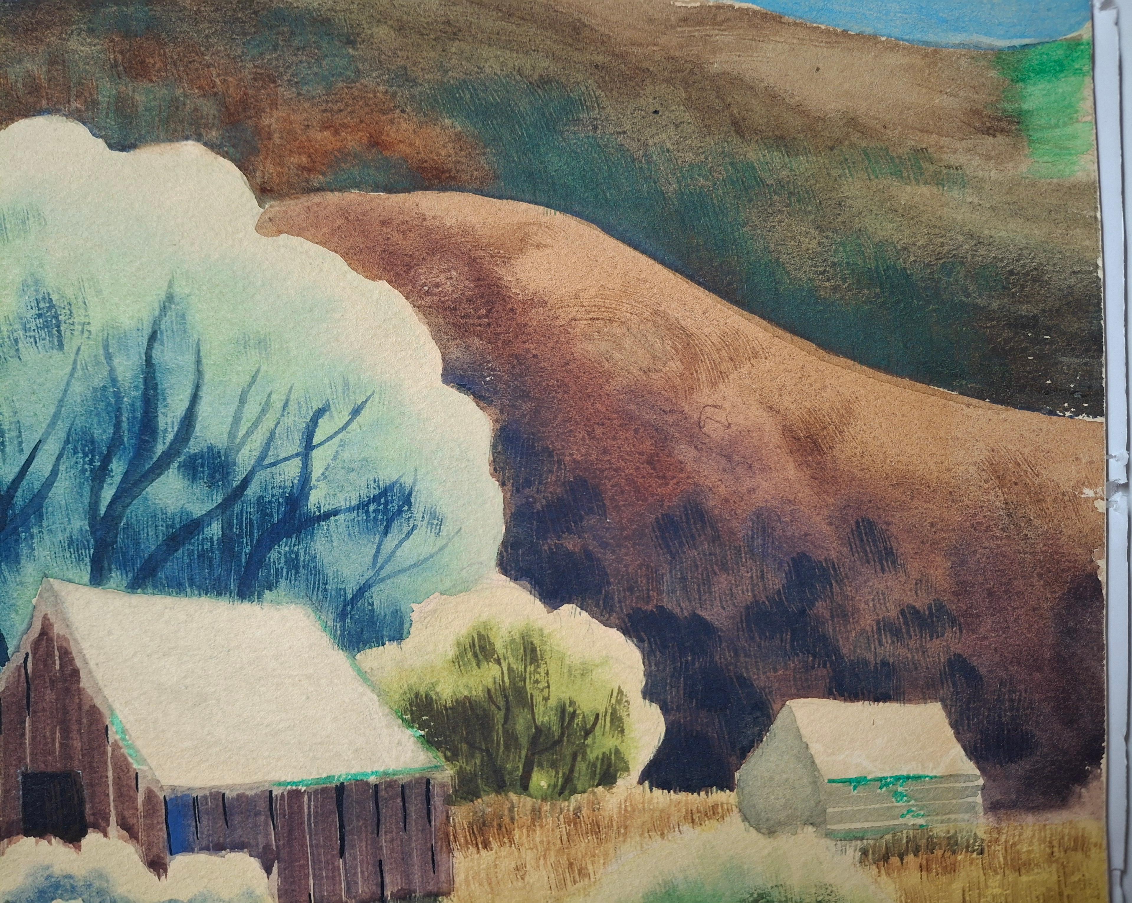 Dale Nichols (1904-1995, americano) Paesaggio regionalista ad acquerello con fienile 9