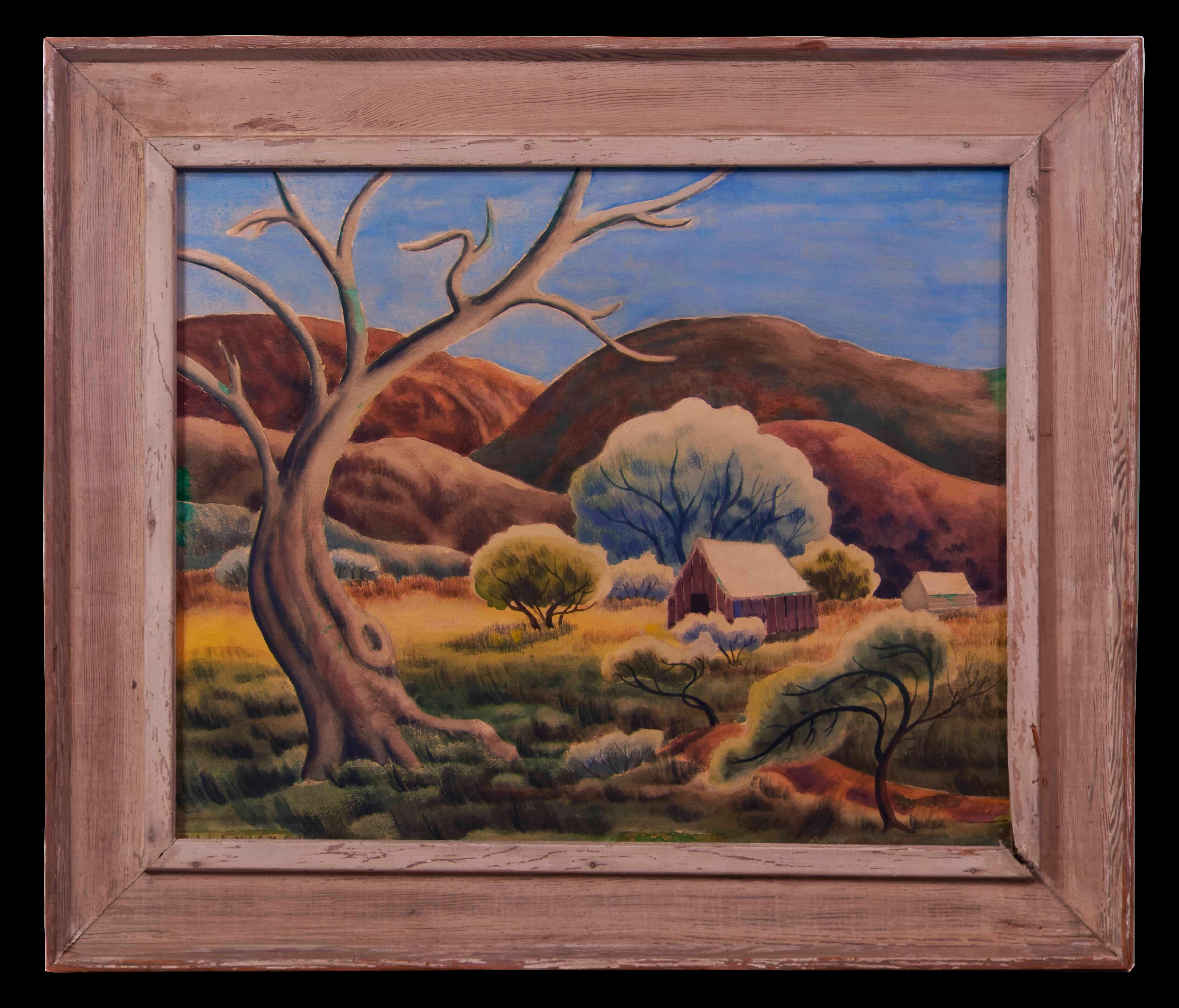 Dale Nichols (1904-1995, americano) Paesaggio regionalista ad acquerello con fienile 1