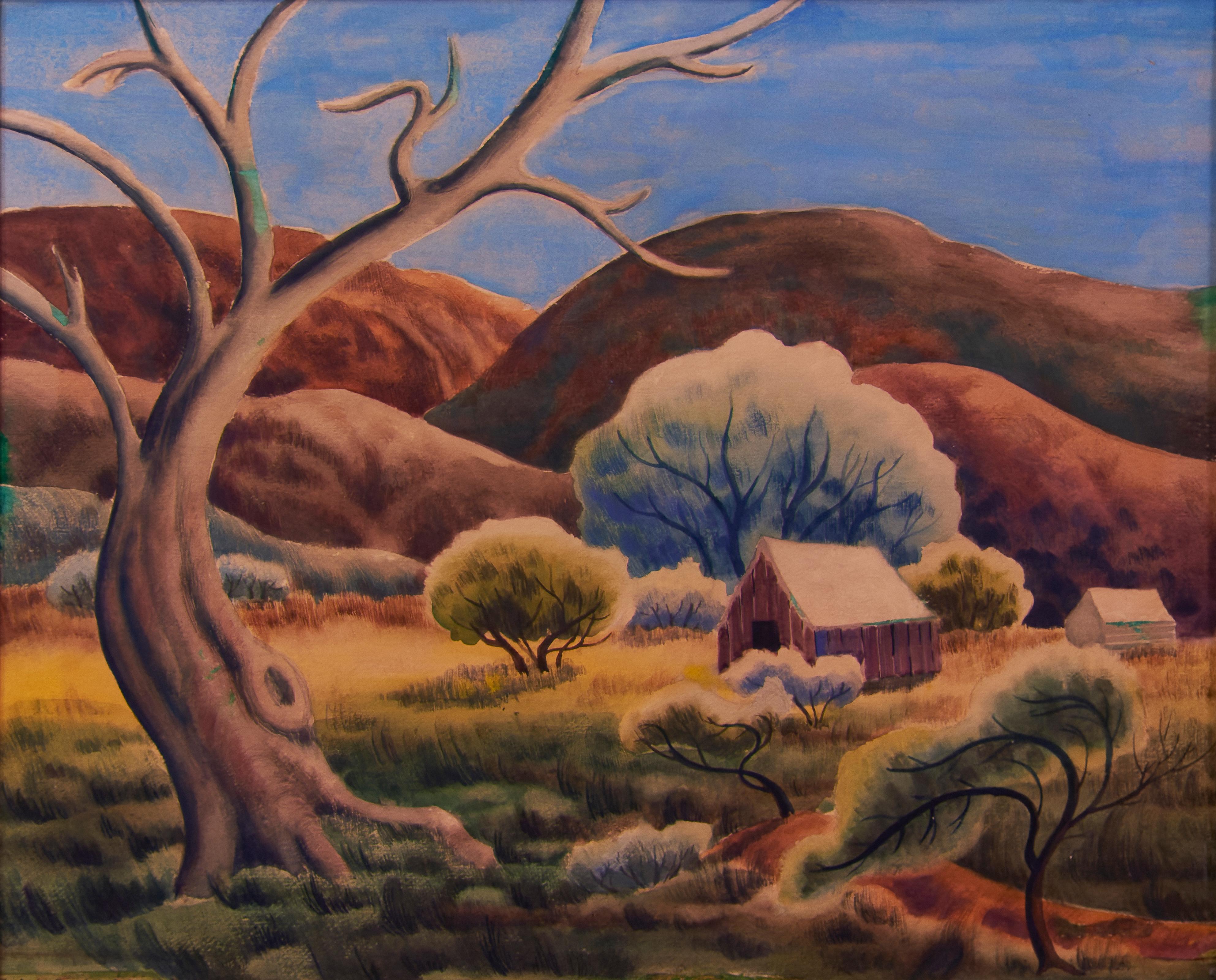 Dale Nichols (1904-1995, americano) Paesaggio regionalista ad acquerello con fienile 2
