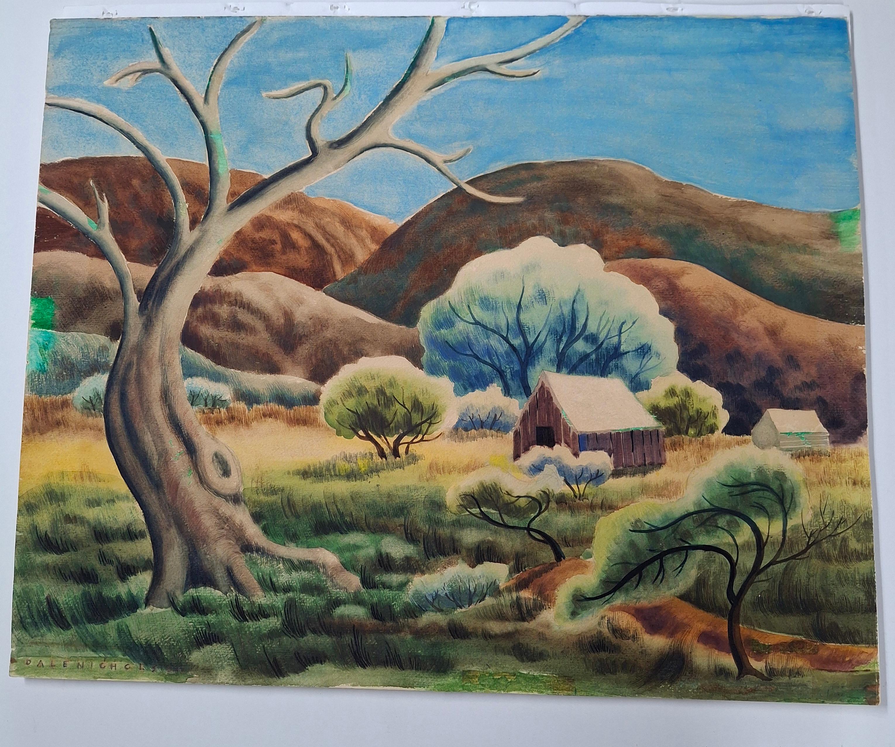 Dale Nichols (1904-1995, americano) Paesaggio regionalista ad acquerello con fienile 8