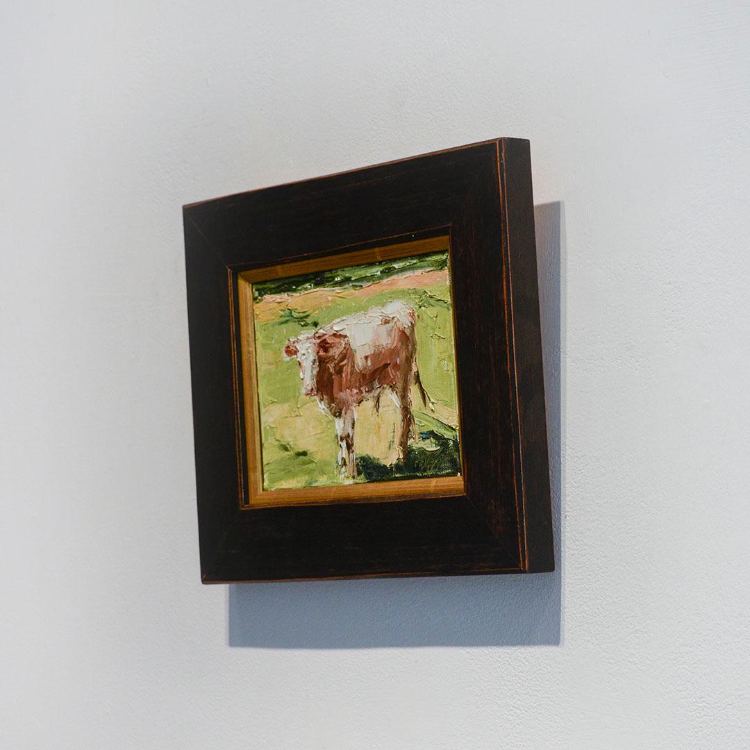 Brown Cow (Impressionistic Animal Painting of a Cow on a Green Farm Landscape) - Black Landscape Painting by Dale Payson