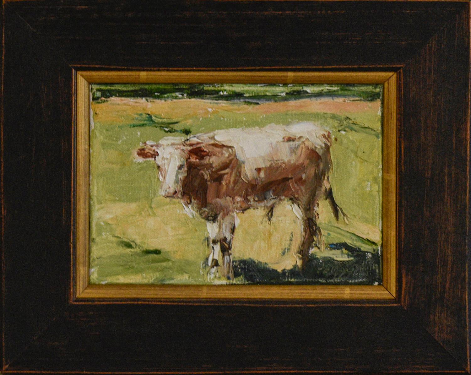 Dale Payson Landscape Painting - Brown Cow (Impressionistic Animal Painting of a Cow on a Green Farm Landscape)