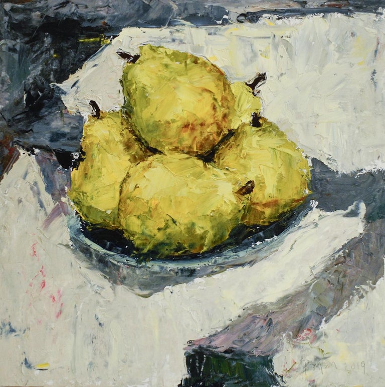 Dale Payson Figurative Painting - Pears II (Impressionistic Fruit Still Life Painting of Chartreuse Yellow Pears)