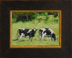 Two Farm Cows (Impressionistic Landscape Painting of Milks Cows in Green Grass)