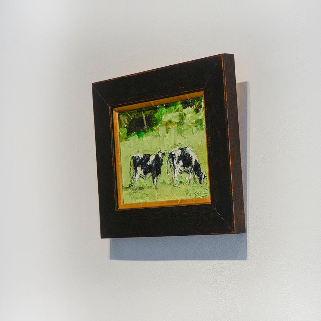 Two Farm Cows (Impressionistic Landscape Painting of Milks Cows in Green Grass) - Brown Animal Painting by Dale Payson