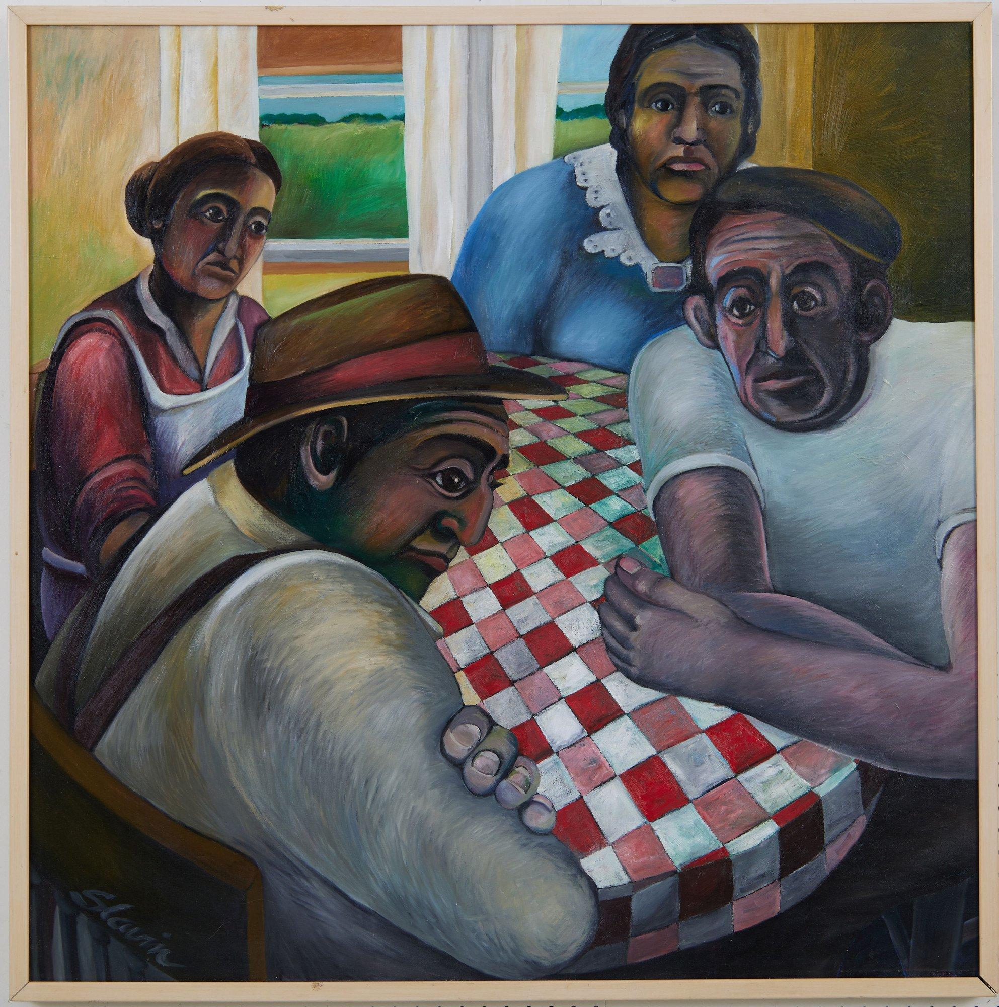 Table autour de la cuisine, scène familiale de la fin du 20e siècle, artiste de Cleveland - Painting de Dale Slavin
