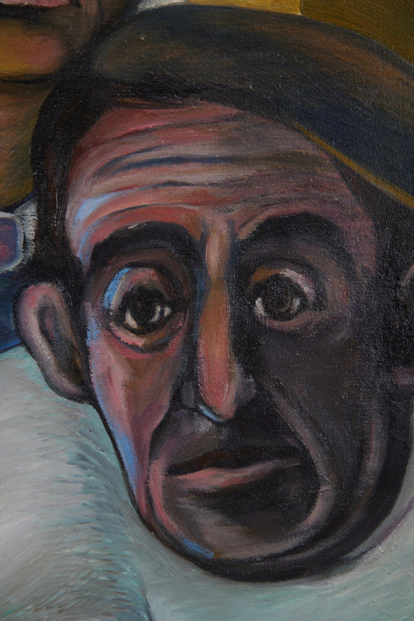 Dale Slavin (américain, 1946-2024)
Autour de la table de cuisine, 1987
Huile sur toile
Signé en bas à droite
43 x 42 pouces 

Dale a eu une carrière artistique accomplie en tant que sculpteur, peintre et éducateur. Il a commencé à s'intéresser aux