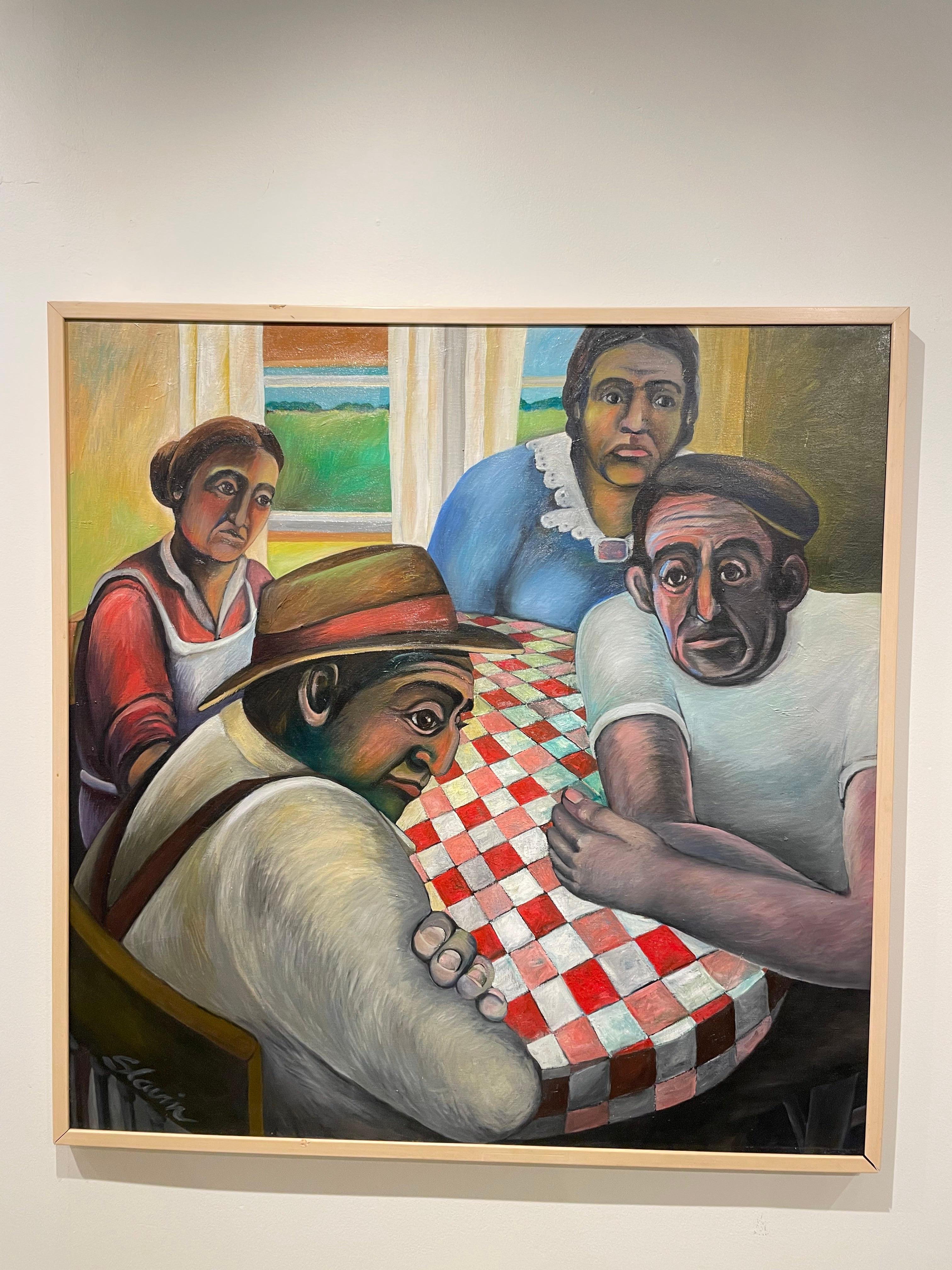 En torno a la mesa de la cocina, Escena familiar de finales del siglo XX, Artista de Cleveland en venta 4