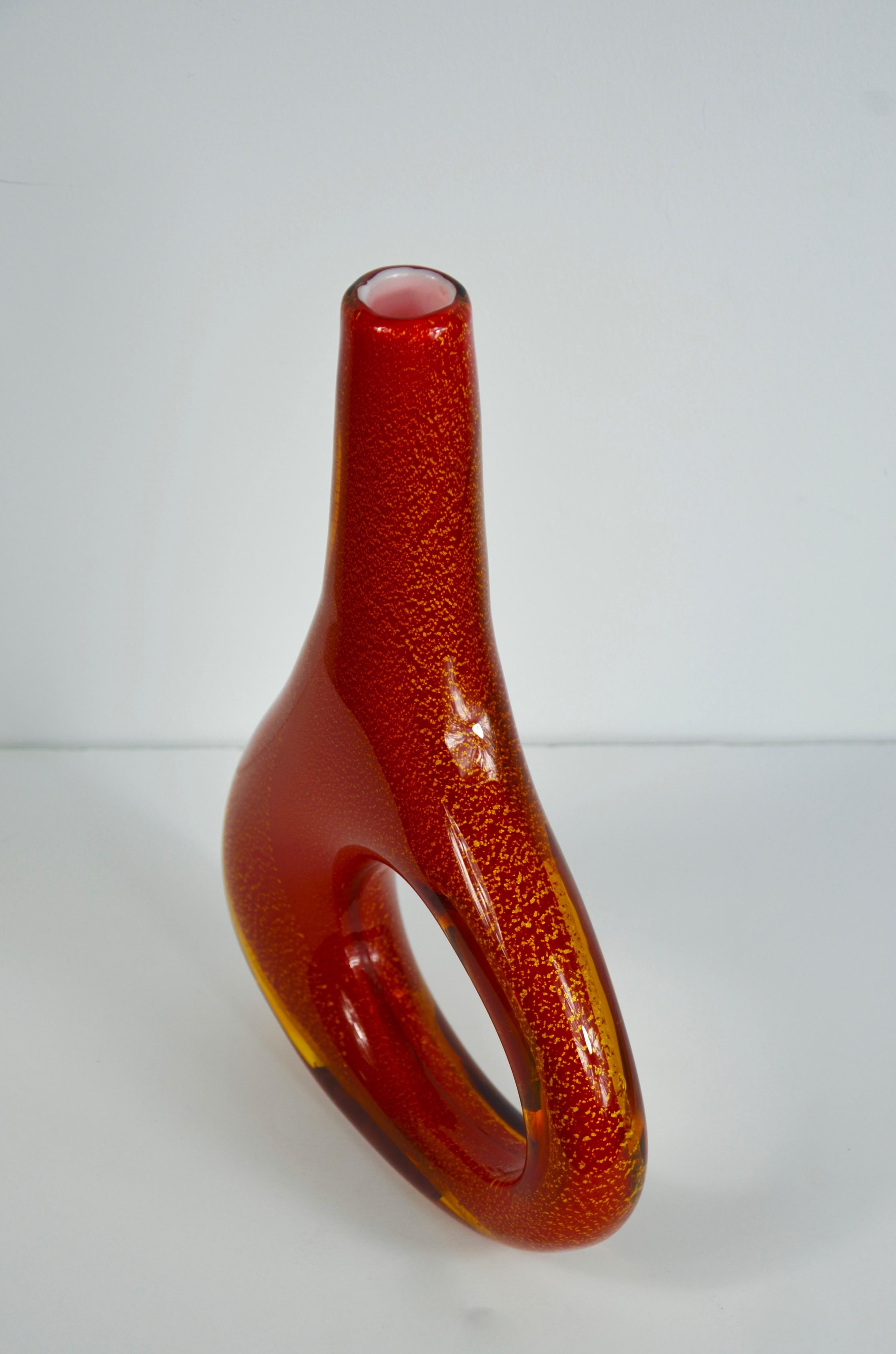 Blown Glass Dale Tiffany Orange Red with Gold Fleck Organic Shape Blown Art Glass Vase