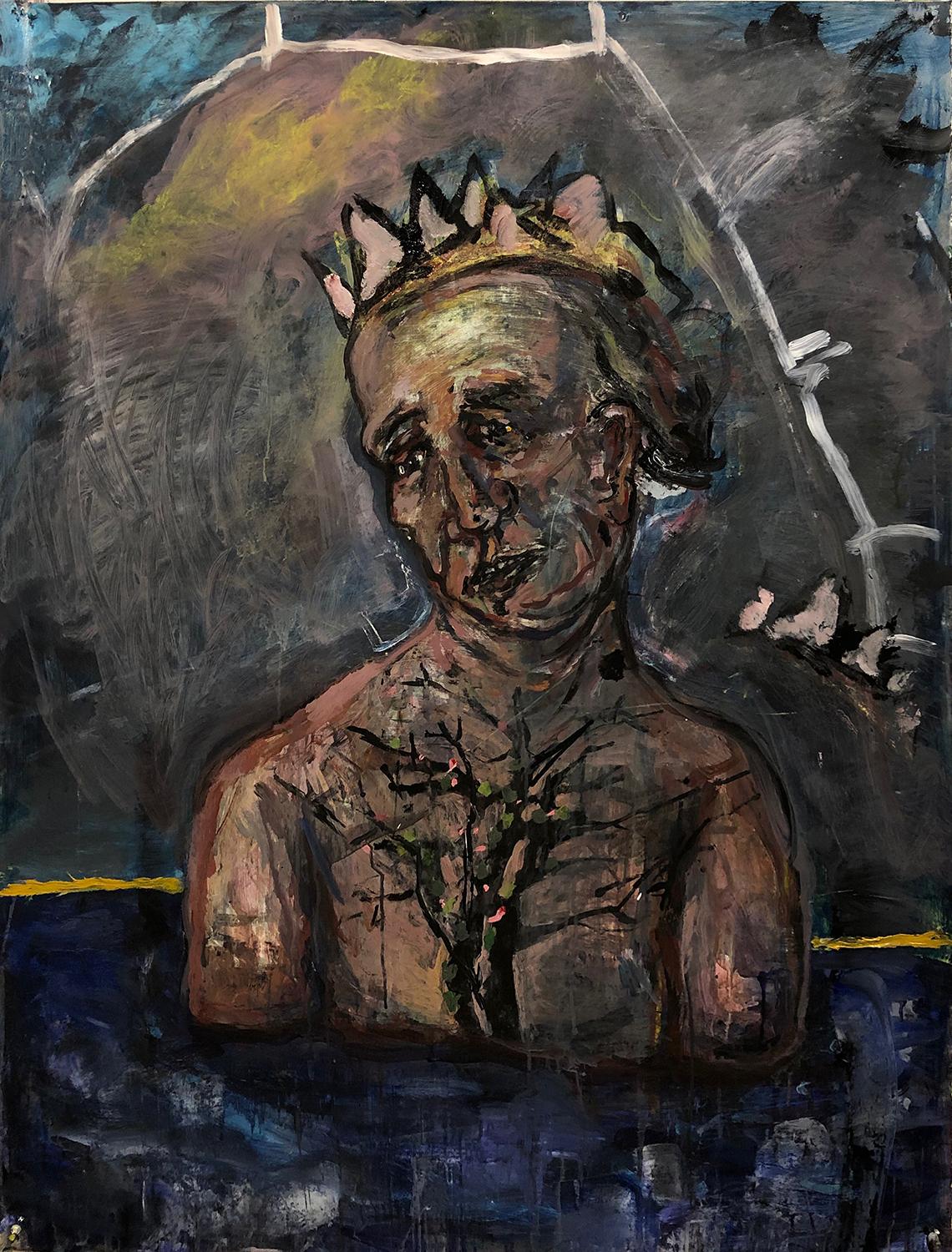 Dale Williams Figurative Painting – ""Man Wearing Crown in Water"", Acryl, Papier, Mythos, Verlust, Menschlichkeit, surrealistisch