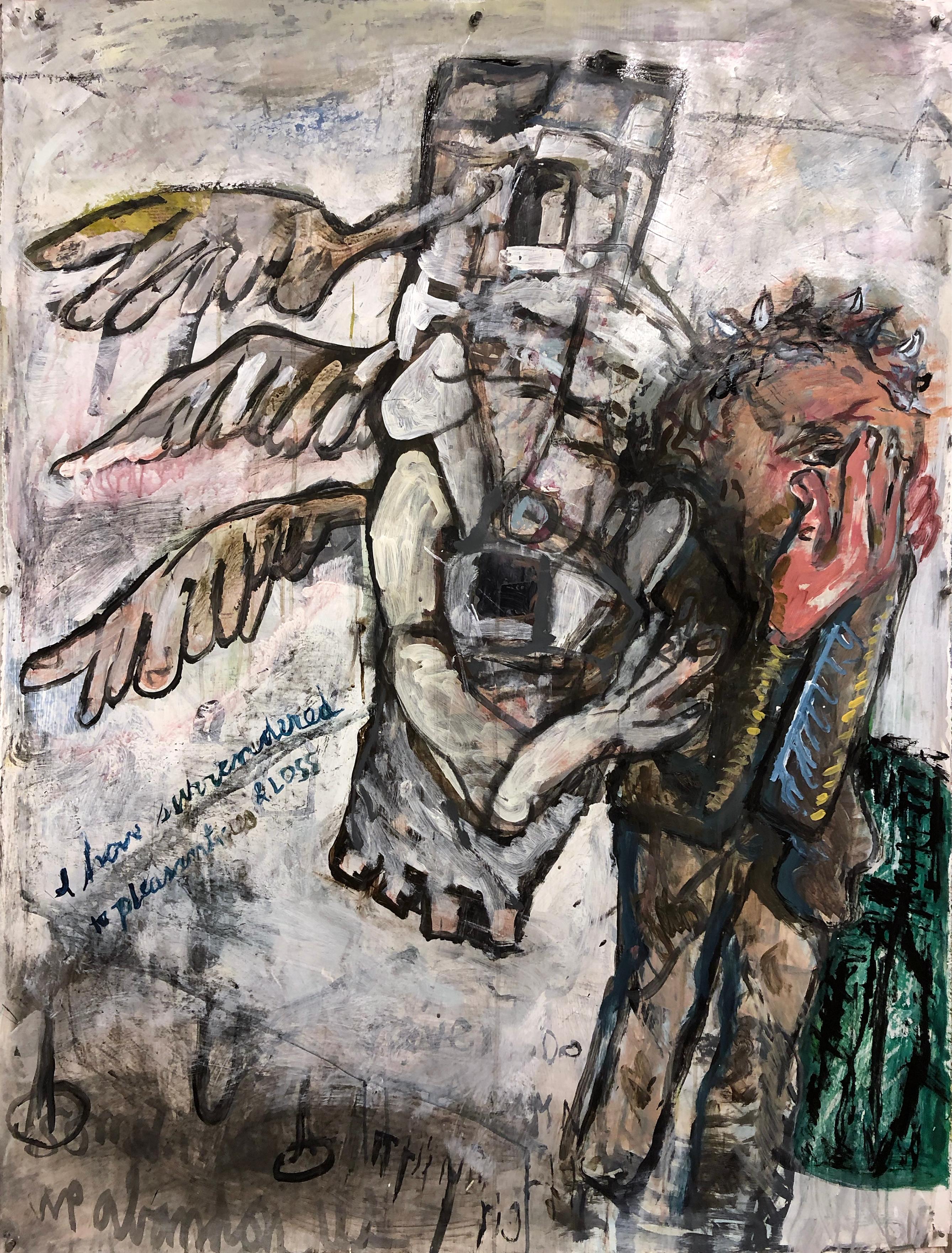 "One Waiting Too", acrylic, paper, angels, humanity, loss, myth, surrender - Mixed Media Art by Dale Williams