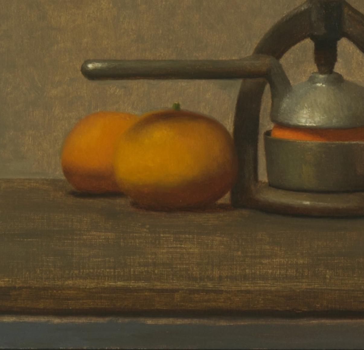 Dale Zinkowski è un maestro della natura morta. Le sue opere, che ricordano le nature morte olandesi del Secolo d'Oro, risplendono di luce e di una bellezza sottile e tranquilla. Questo dipinto a olio originale mostra un antico torchio per la