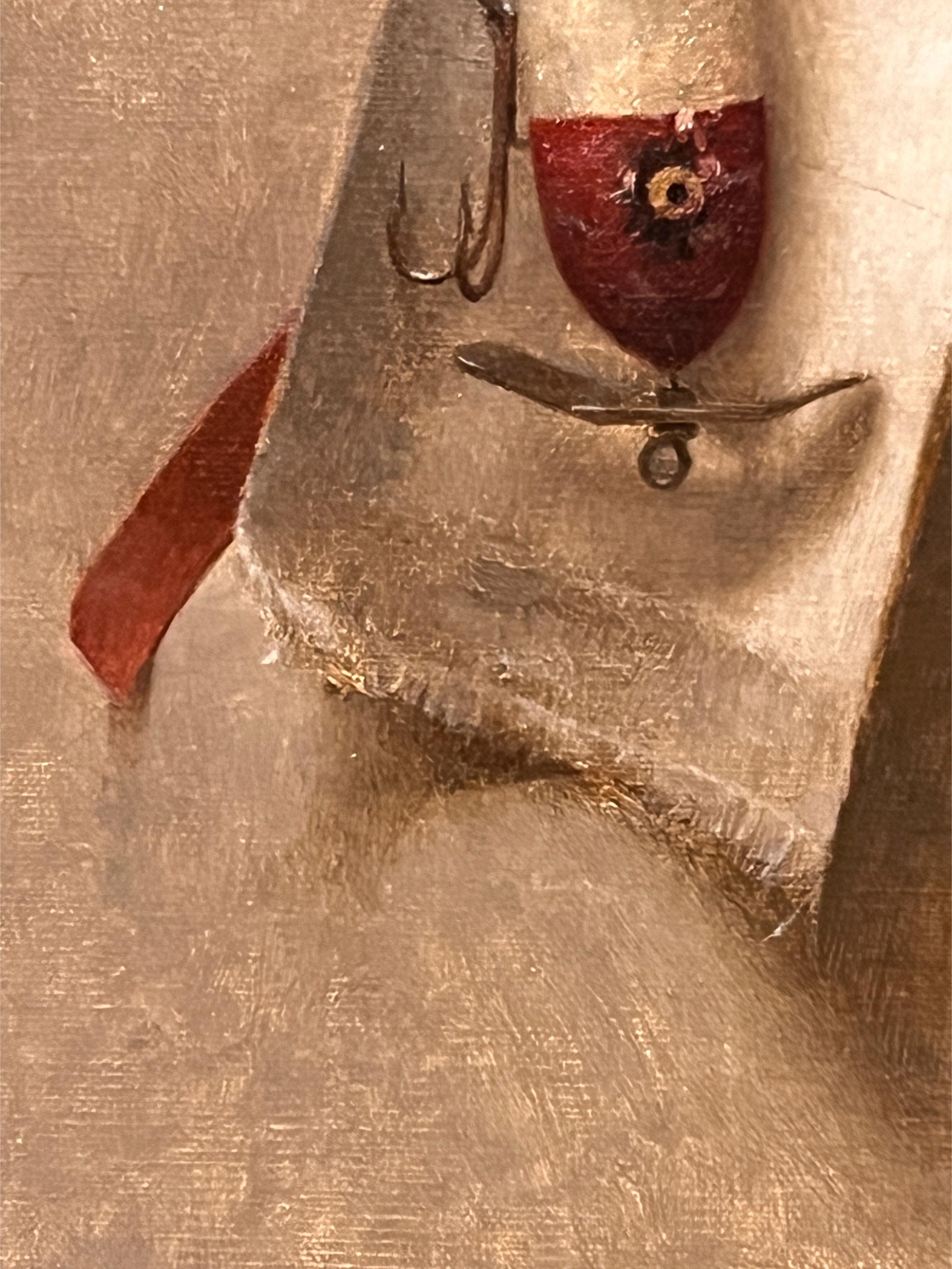 An original oil painting on linen panel of an antique fishing lure, framed in a hand-made frame by one of New York's finest frame makers.

Master Still Life painter Dale Zinkowski was born in New York and his earliest memories of painting and