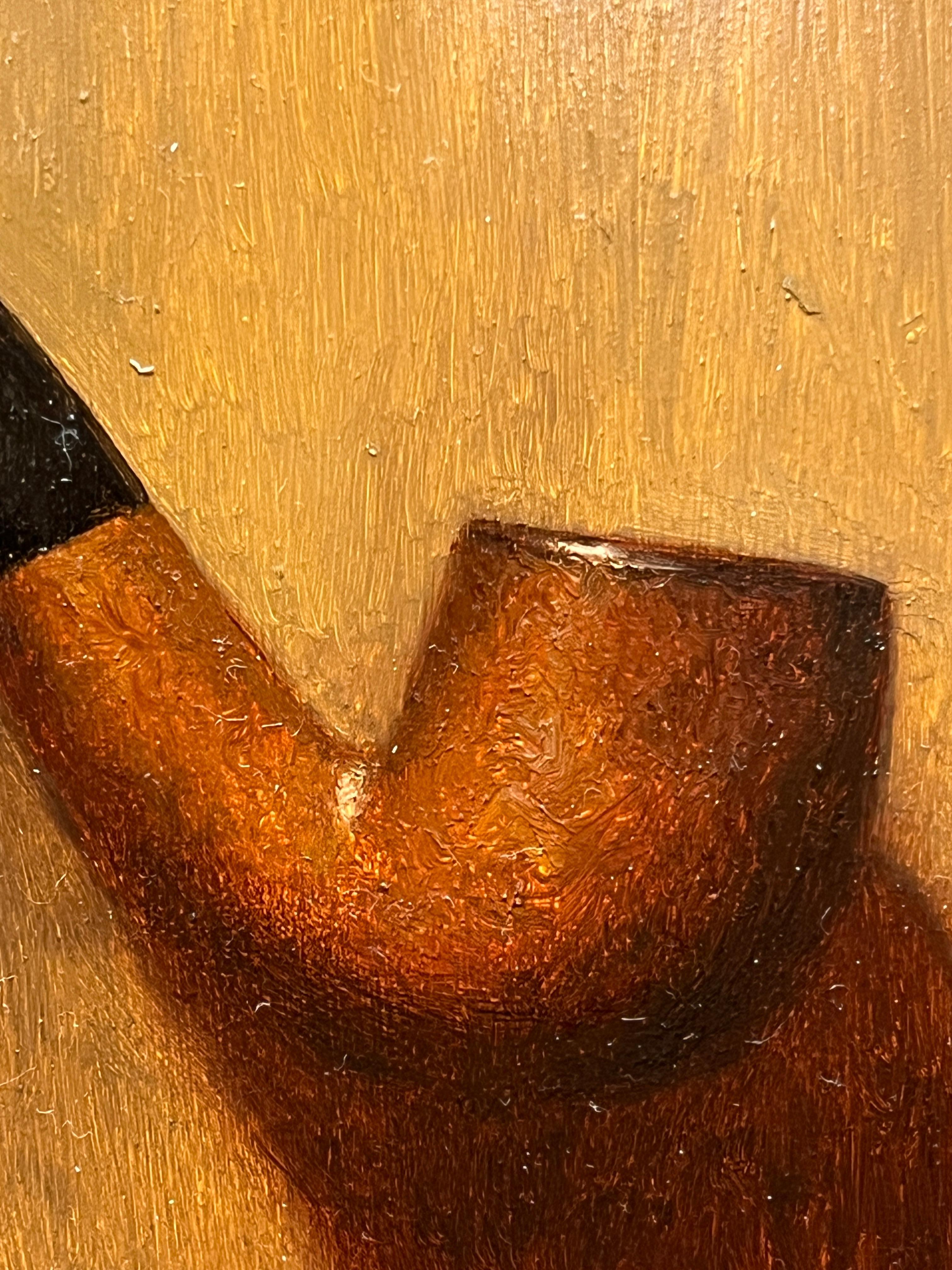 Le Pipe est une peinture à l'huile originale sur panneau. Il est encadré dans un cadre noir fait à la main avec une lèvre en or pâle. Les dimensions totales avec le cadre inclus sont d'environ 12x10.5 pouces. Maître du trompe-l'oeil, l'artiste a