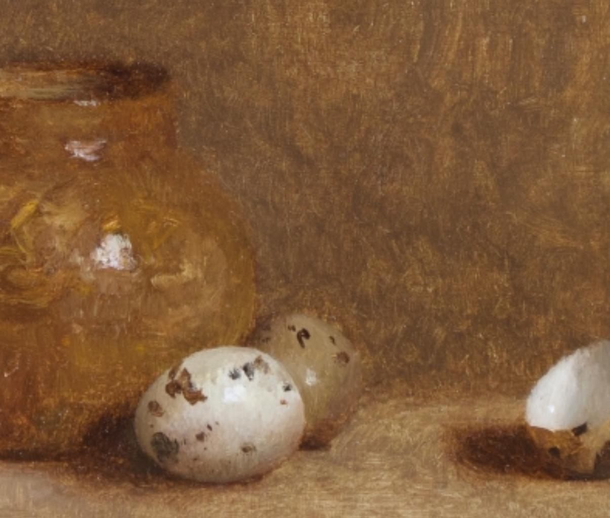 Poterie et œufs fantômes - Noir Still-Life Painting par Dale Zinkowski