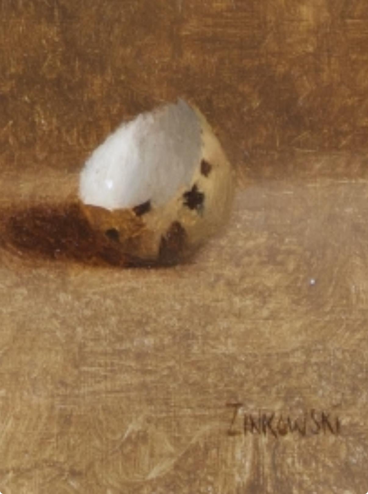 Dale Zinkowski est un maître de la nature morte. Son travail, qui rappelle les natures mortes hollandaises de l'âge d'or, resplendit de lumière et d'une beauté subtile et tranquille. Cette peinture à l'huile originale représente de délicats œufs de
