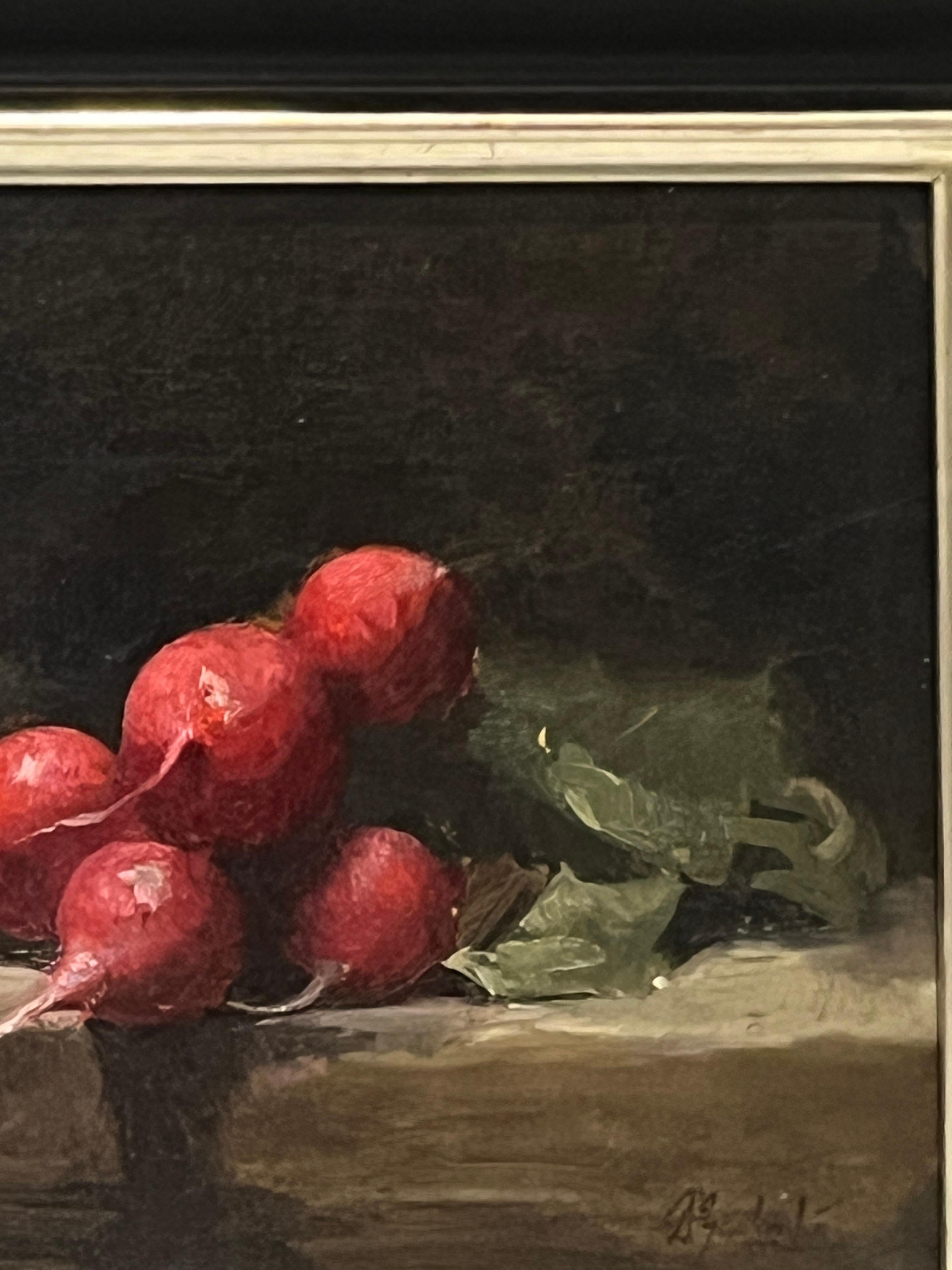 Dale Zinkowski is a master of still life. His work, reminiscent of Golden Age Dutch still life painting, glows with light and subtle, quiet beauty. This original oil painting shows a bunch of beautifully ripe radishes on a dark ground so that their