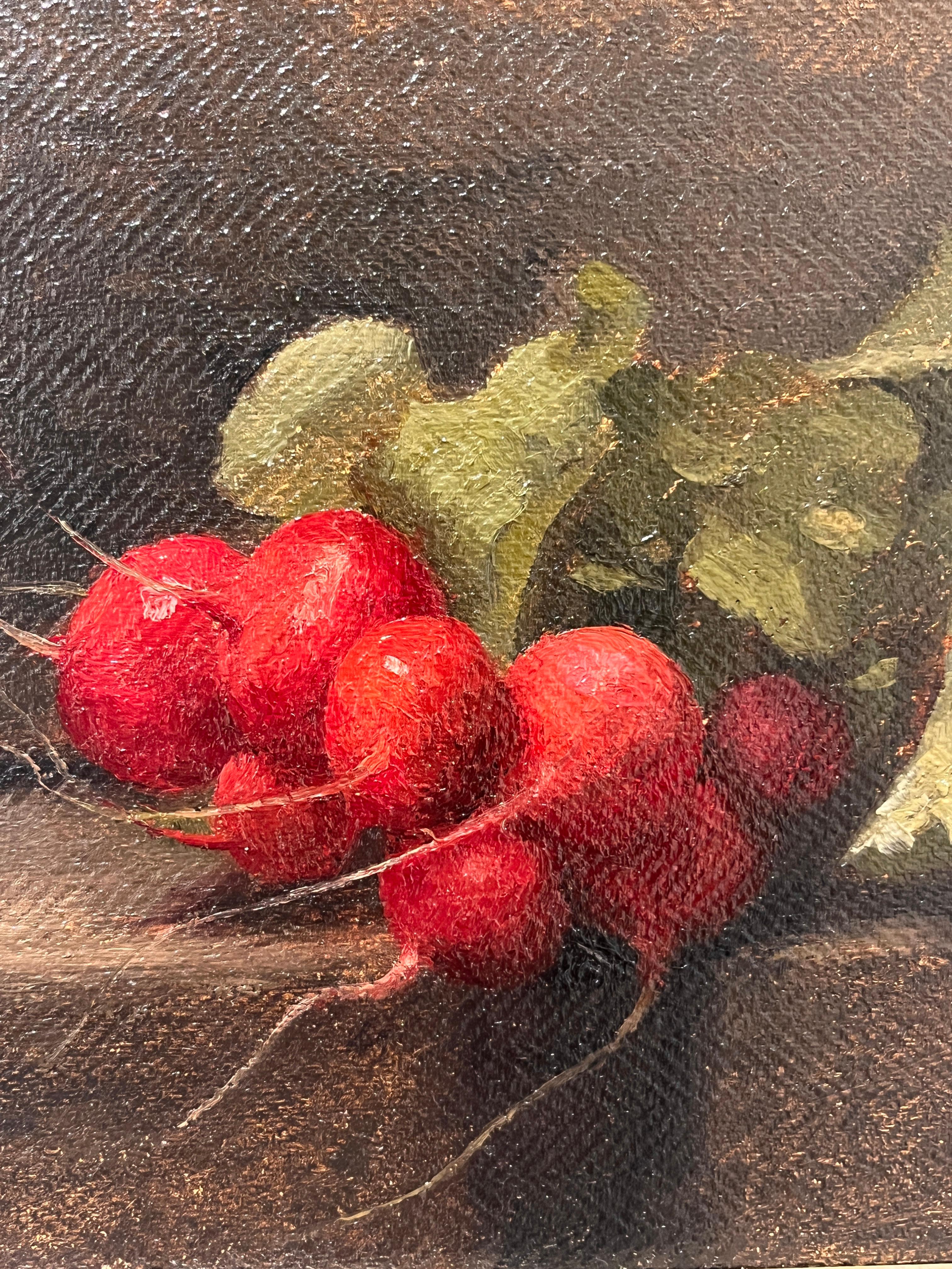 Dale Zinkowski is a master of still life. His work, reminiscent of Golden Age Dutch still life painting, glows with light and subtle, quiet beauty. This original oil painting shows a bunch of beautifully ripe radishes on a dark ground so that their