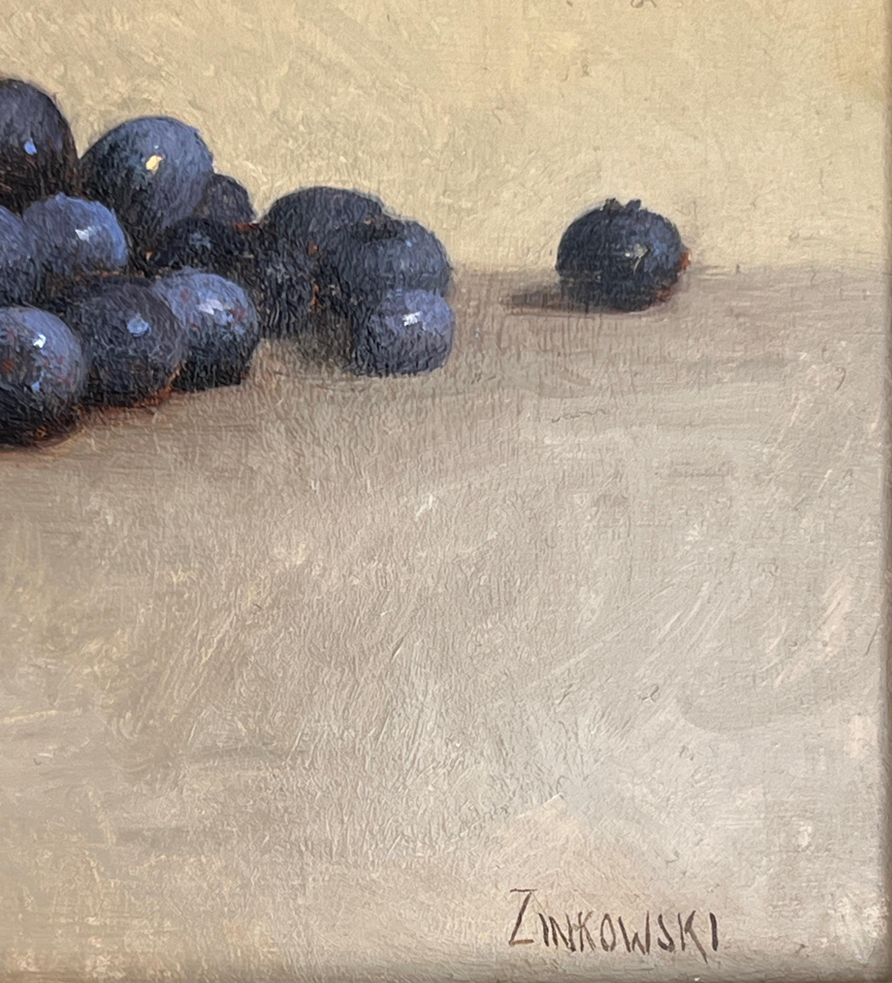 Dale Zinkowski is a master of still life. His work, reminiscent of Golden Age Dutch still life painting, glows with light and subtle, quiet beauty. This original oil painting shows a pile of blueberries illuminated by a soft light source outside the