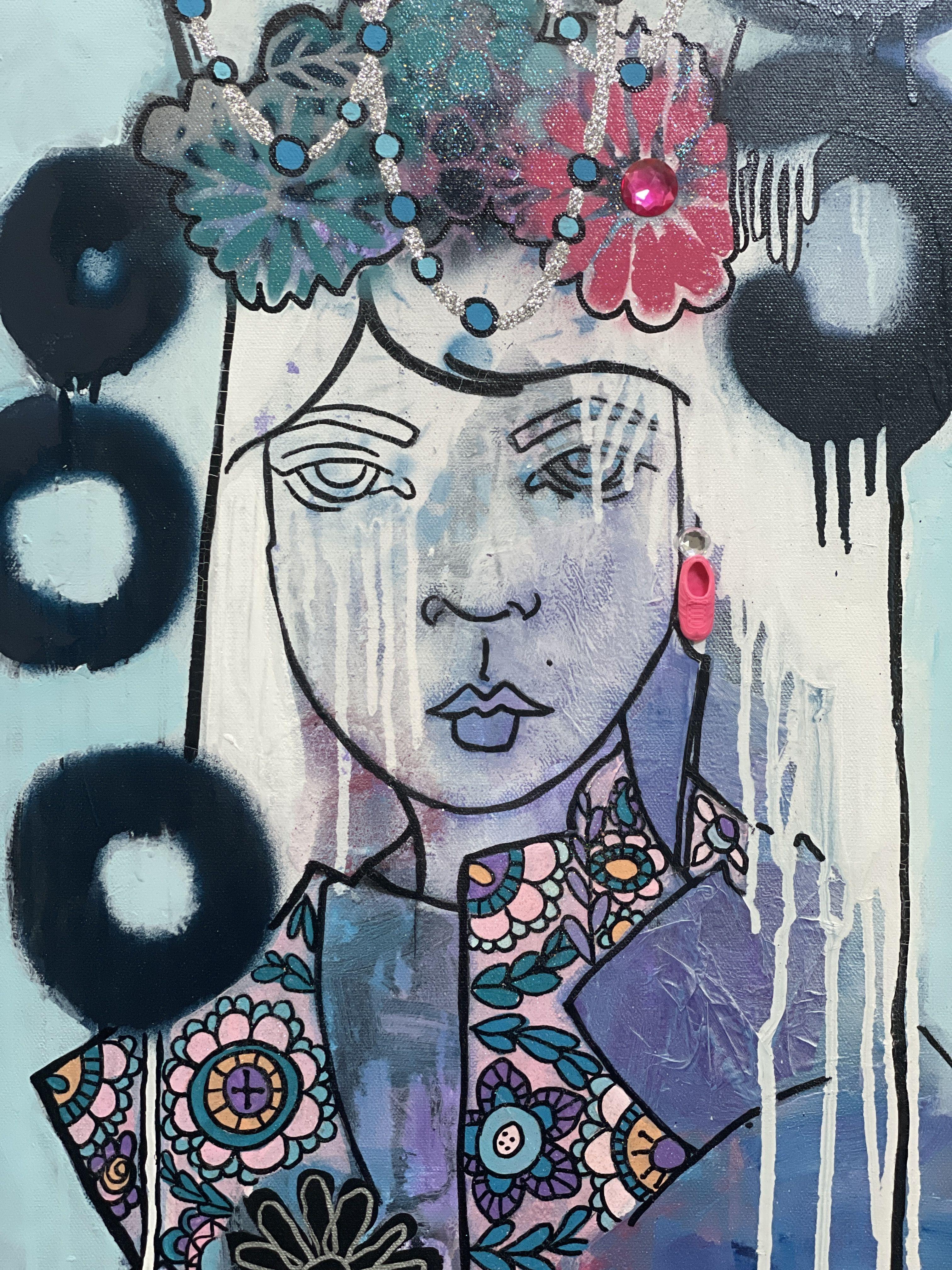 Starship Moonchild, Gemälde, Acryl auf Leinwand (Grau), Abstract Painting, von Dalene Woodward